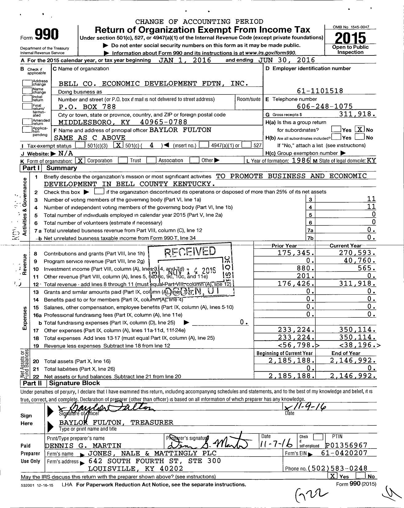 Image of first page of 2015 Form 990O for Bell Economic Development FDTN