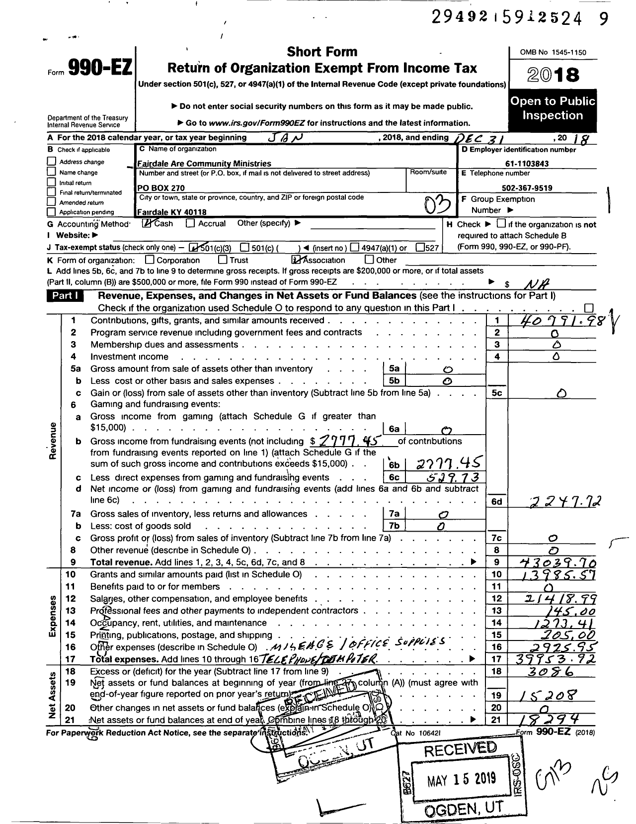 Image of first page of 2018 Form 990EZ for Fairdale Area Community Ministries