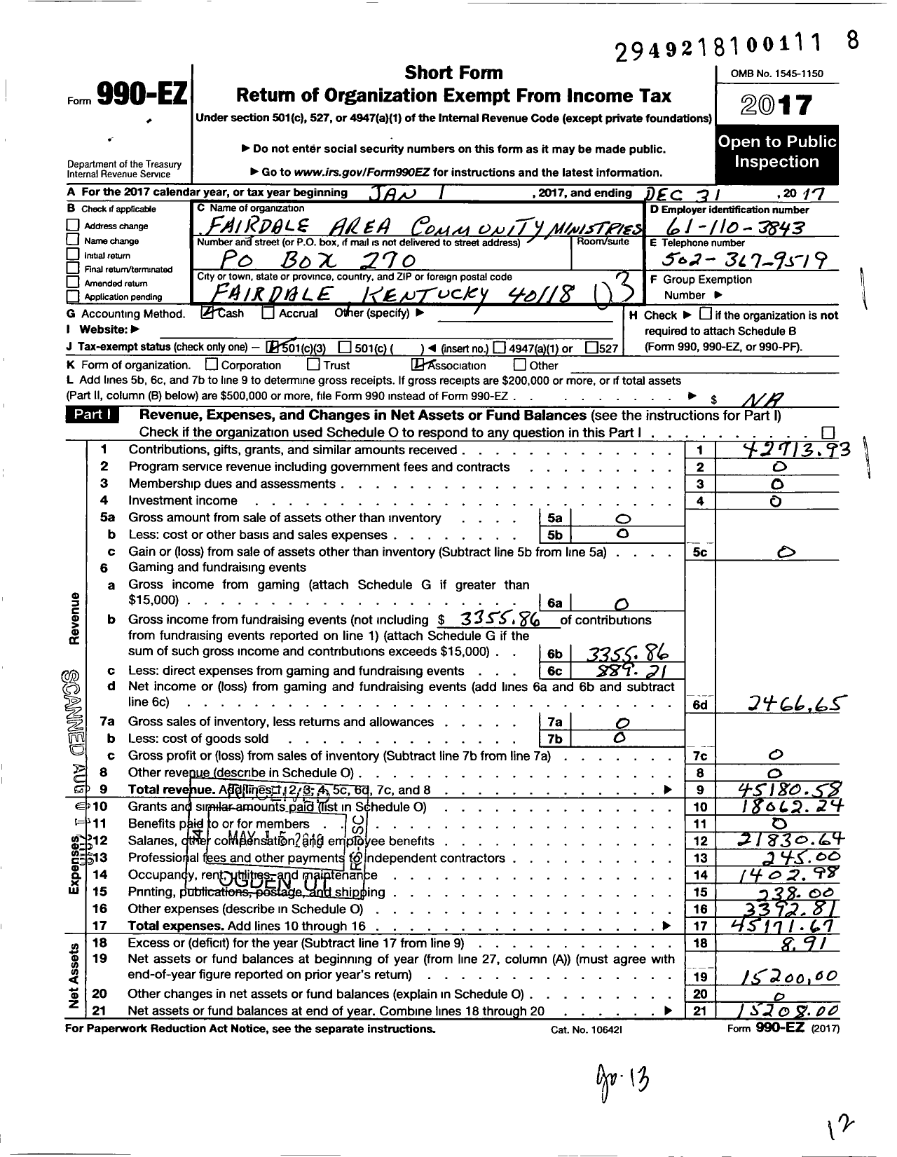 Image of first page of 2017 Form 990EZ for Fairdale Area Community Ministries