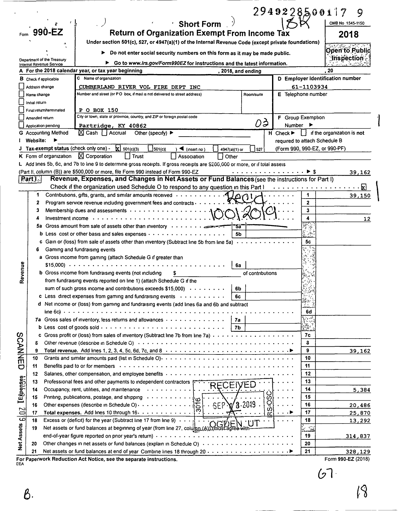 Image of first page of 2018 Form 990EZ for Cumberland River Volunteer Fire Department