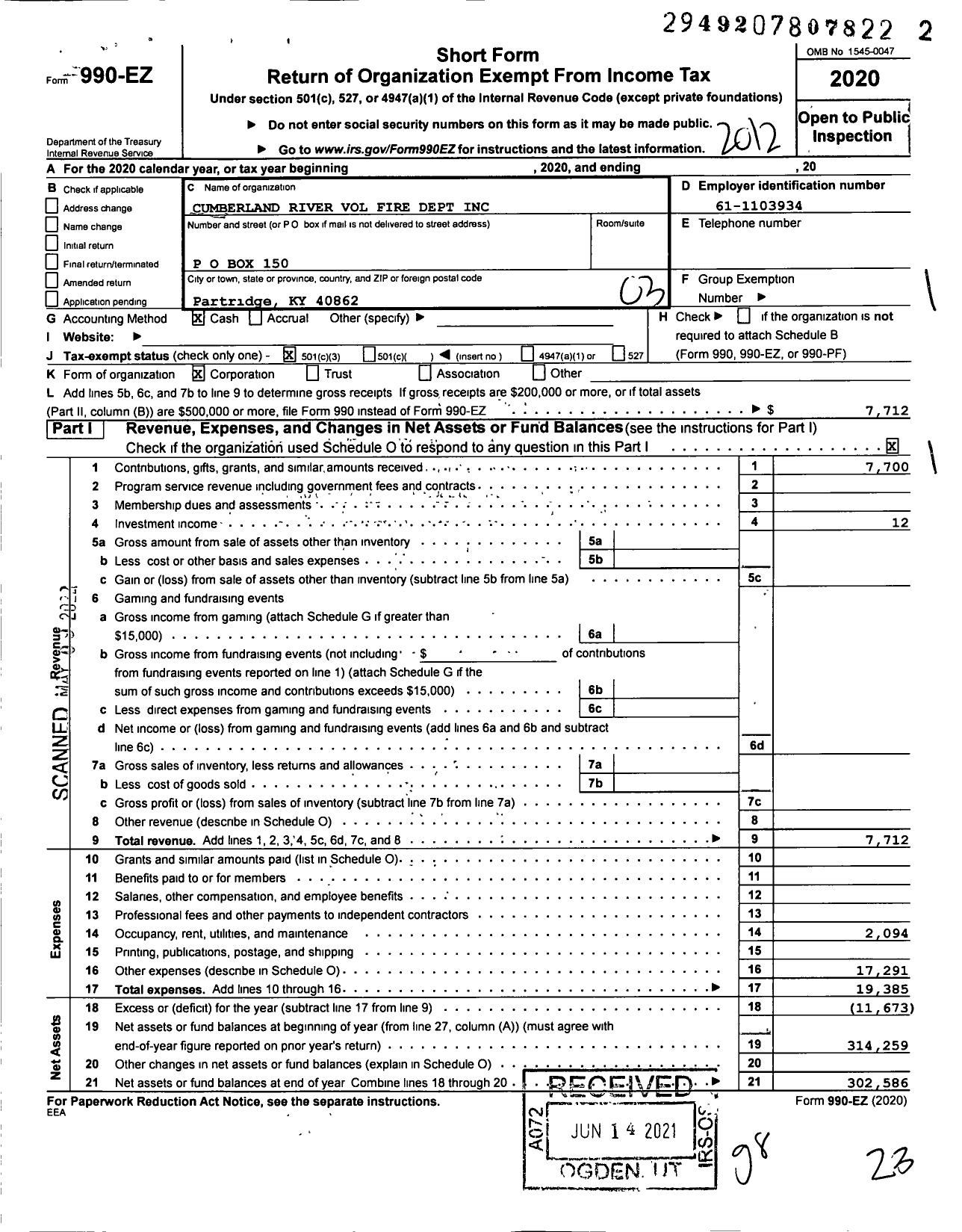 Image of first page of 2020 Form 990EZ for Cumberland River Volunteer Fire Department