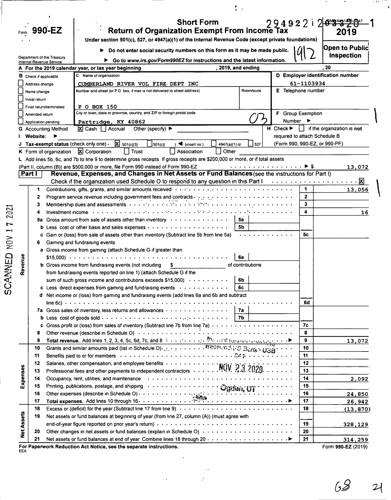 Image of first page of 2019 Form 990EZ for Cumberland River Volunteer Fire Department