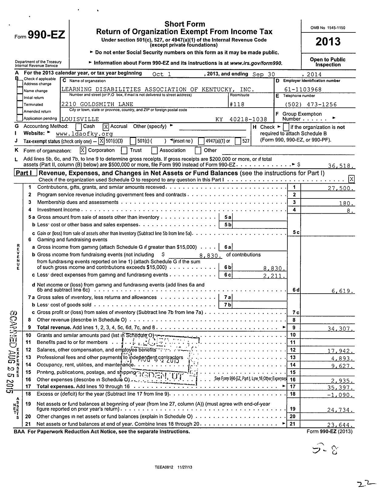 Image of first page of 2013 Form 990EZ for Learning Disabilities Association of Kentucky