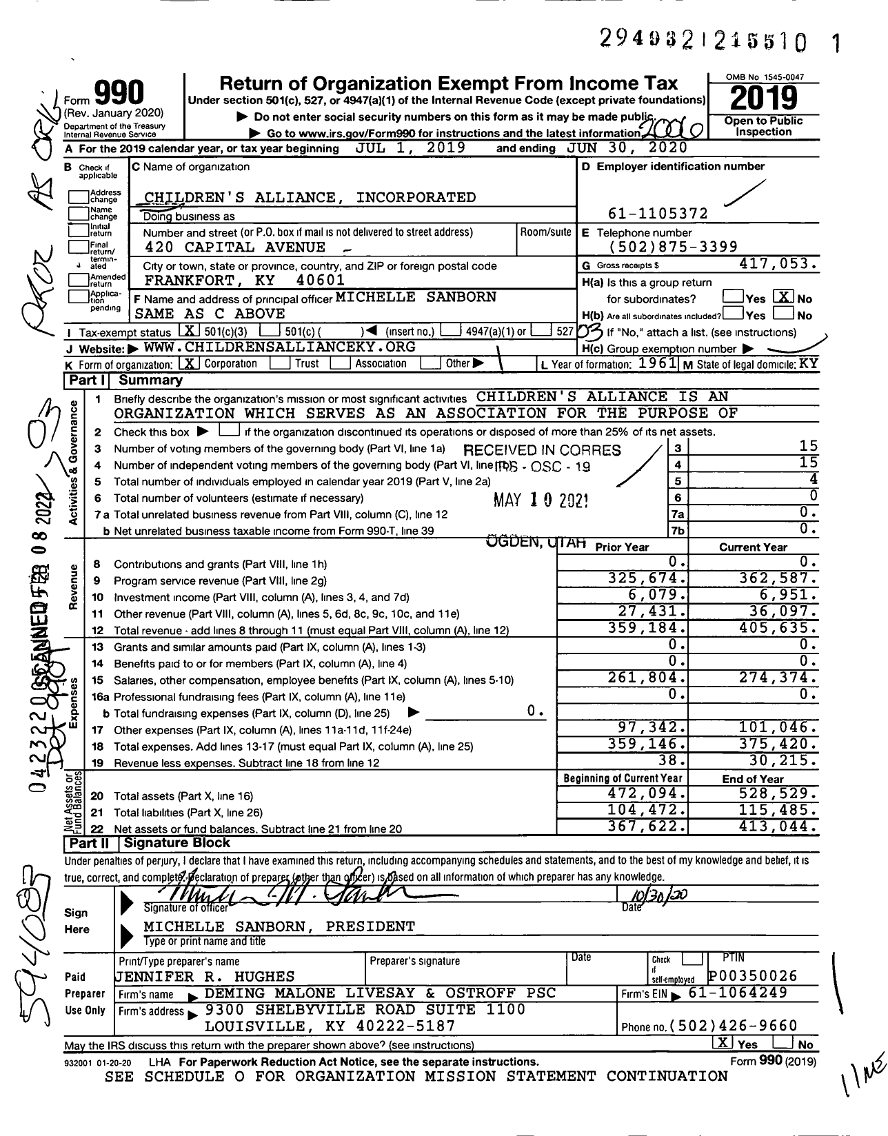 Image of first page of 2019 Form 990 for Children's Alliance Incorporated