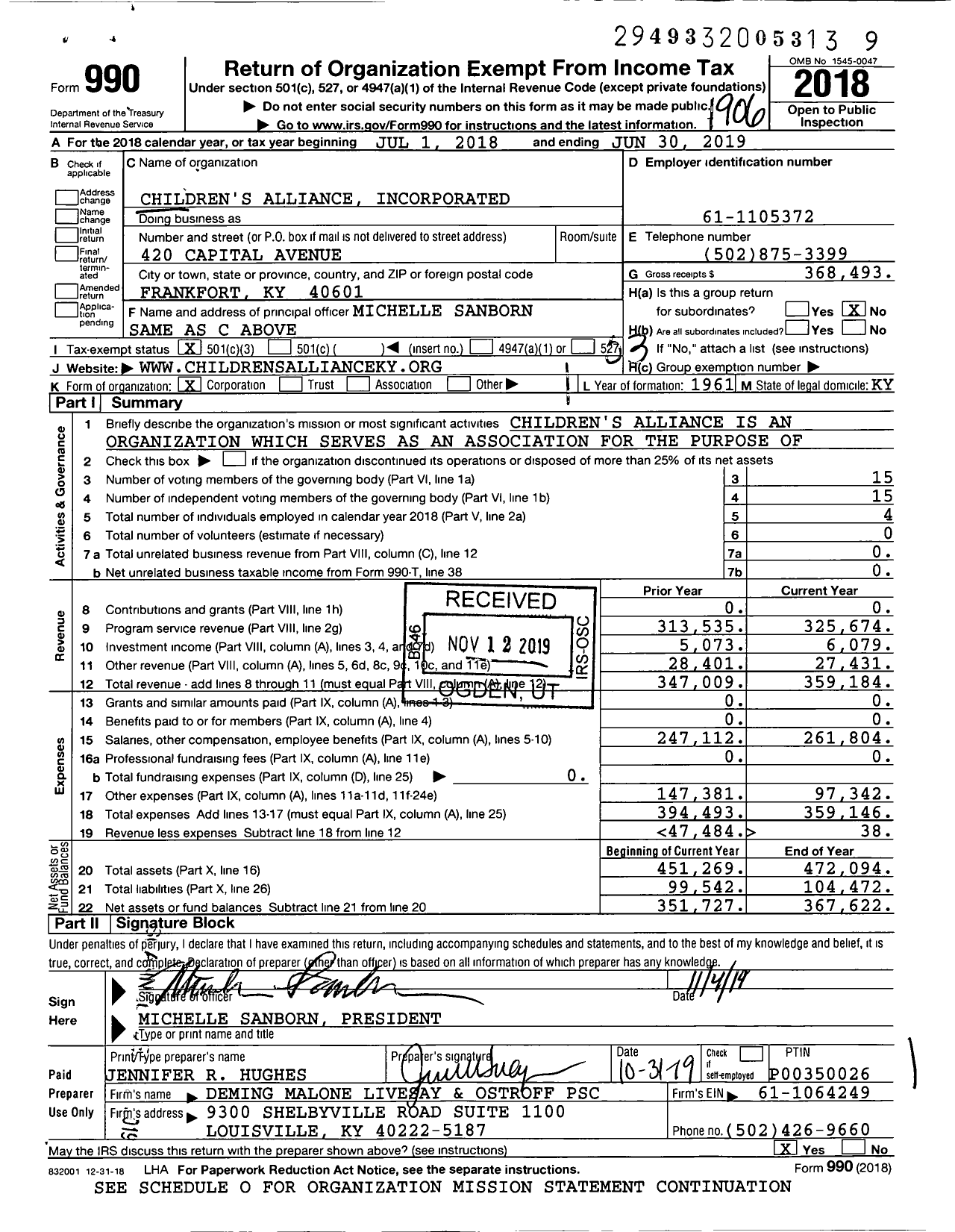 Image of first page of 2018 Form 990 for Children's Alliance Incorporated