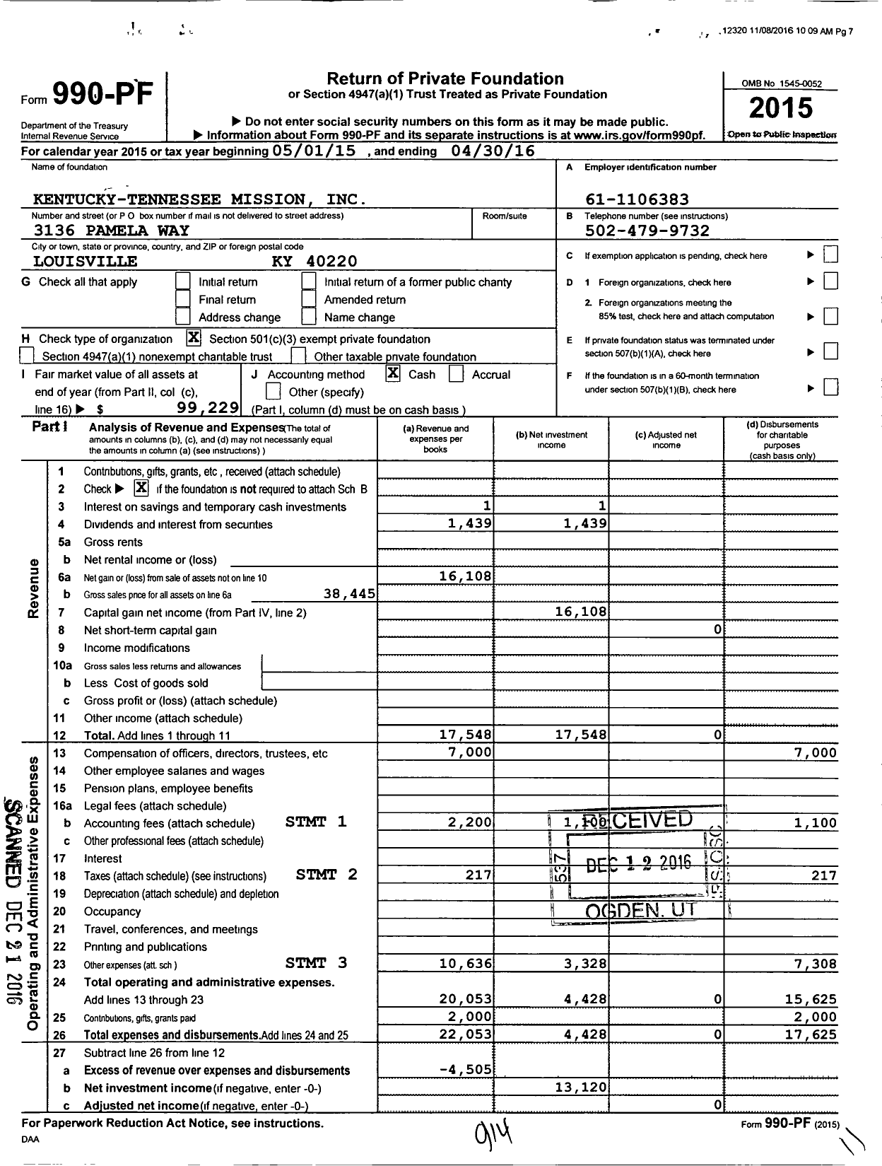 Image of first page of 2015 Form 990PF for Kentucky-Tennessee Mission