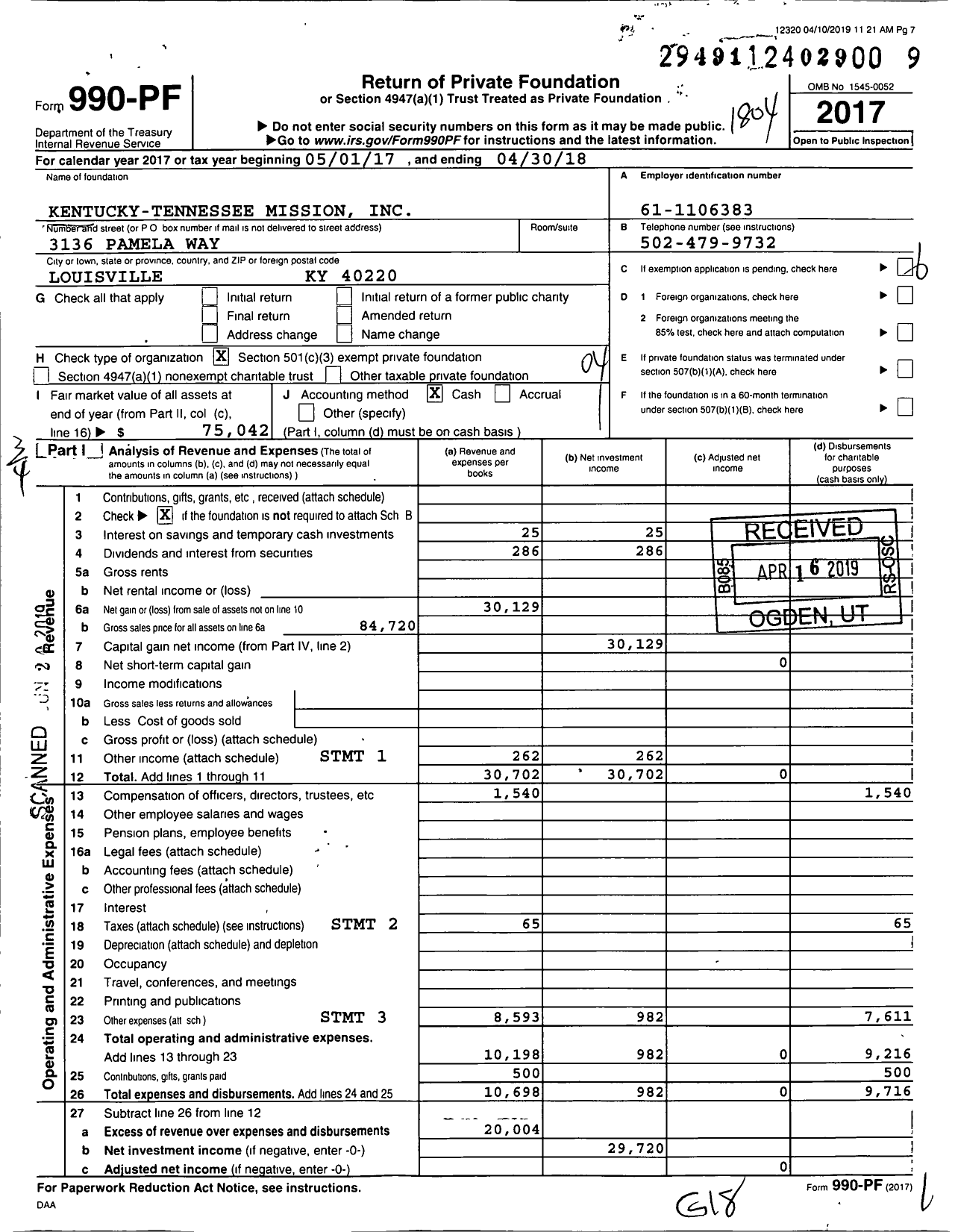 Image of first page of 2017 Form 990PF for Kentucky-Tennessee Mission