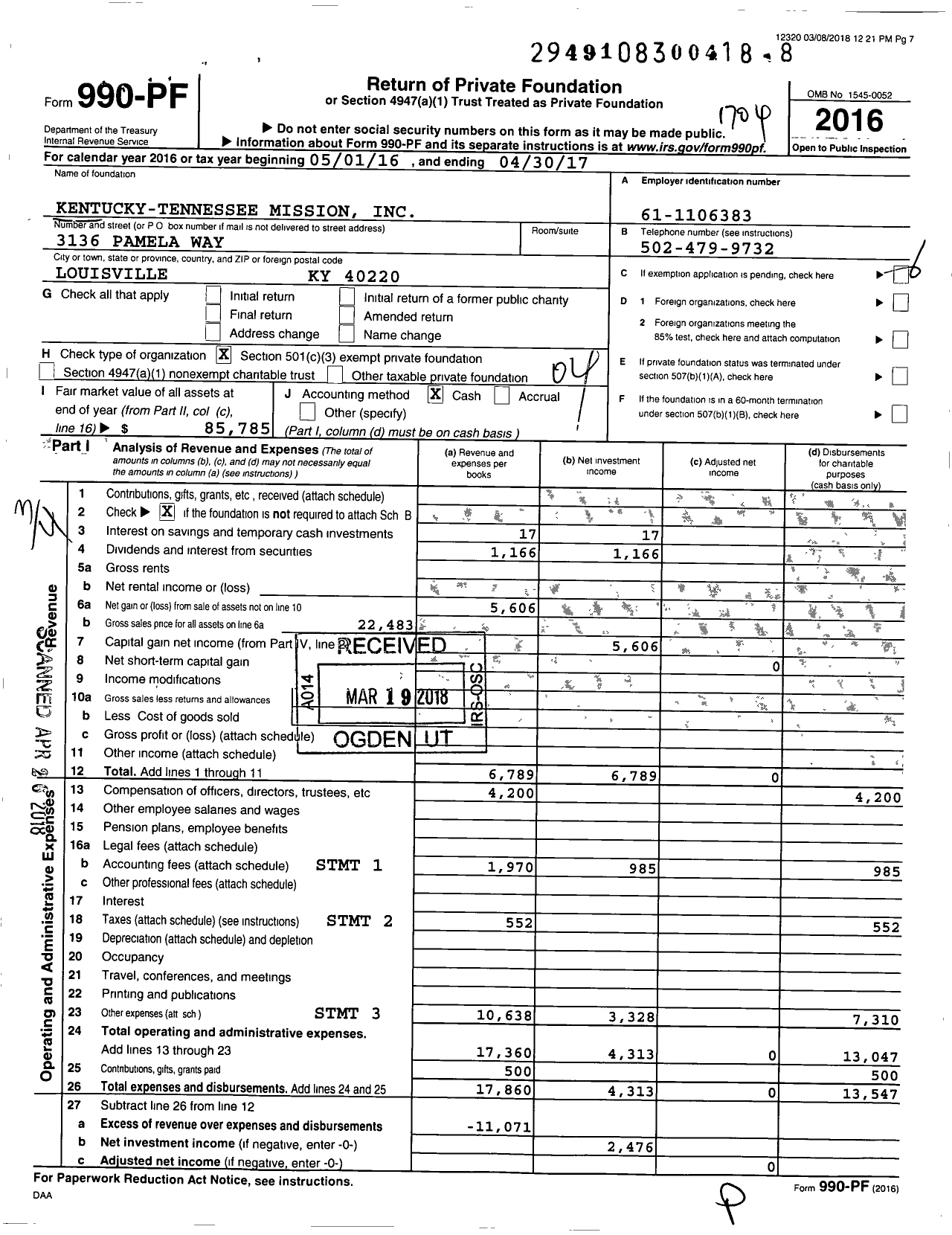 Image of first page of 2016 Form 990PF for Kentucky-Tennessee Mission