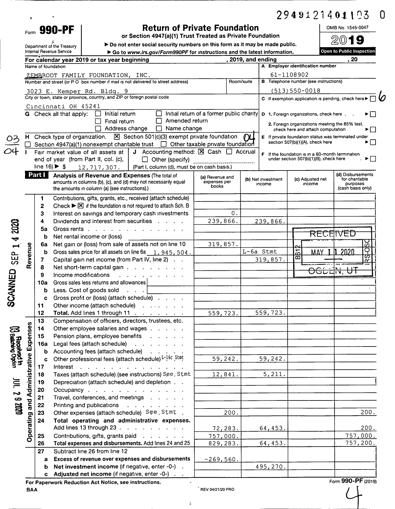 Image of first page of 2019 Form 990PR for Zembrodt Family Foundation