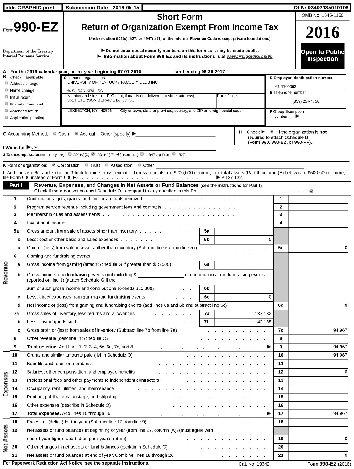 Image of first page of 2016 Form 990EZ for University of Kentucky Faculty Club