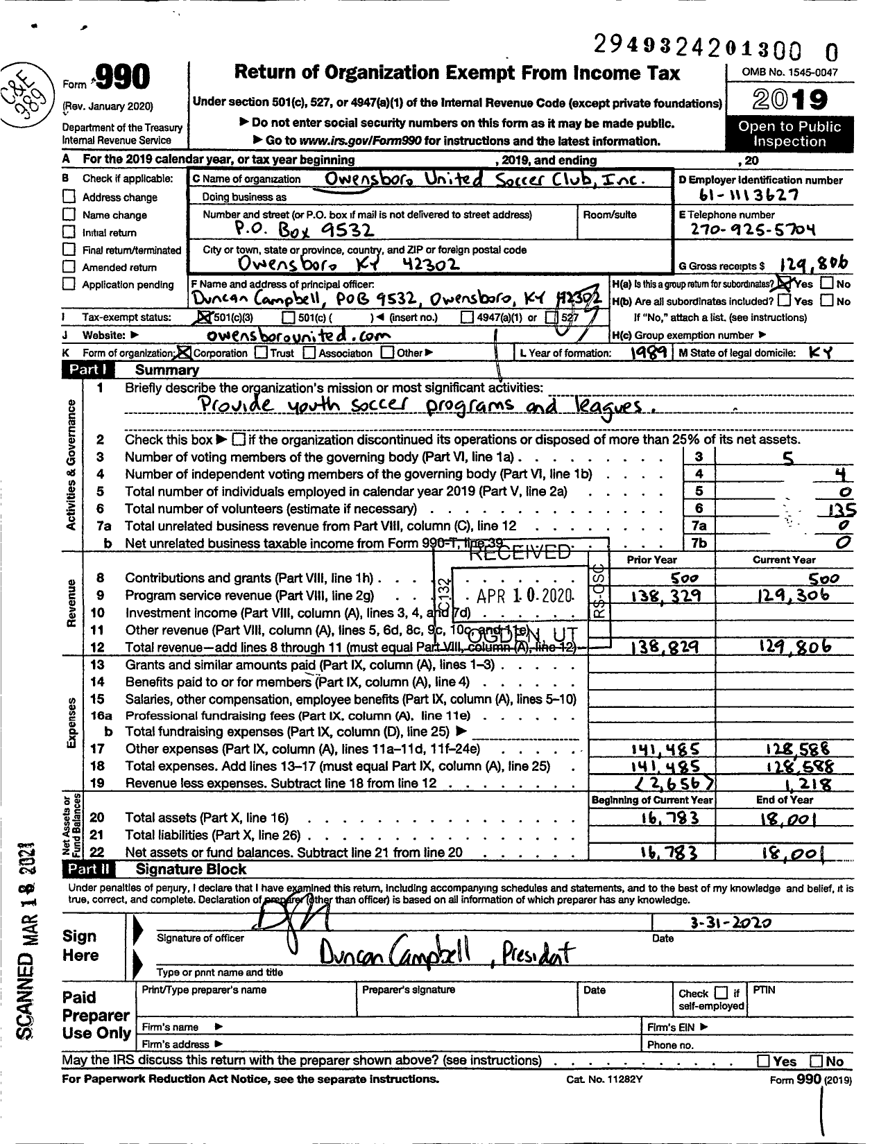 Image of first page of 2019 Form 990 for Owensboro United Soccer Club