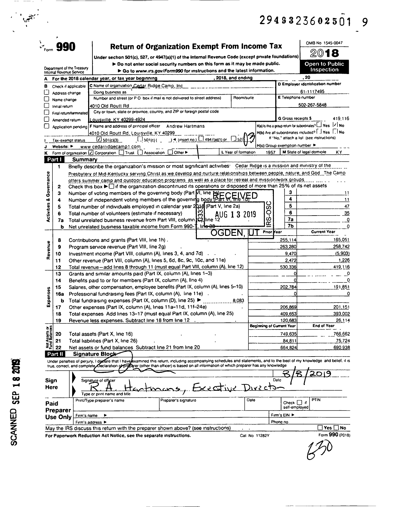 Image of first page of 2018 Form 990 for Cedar Ridge Camp