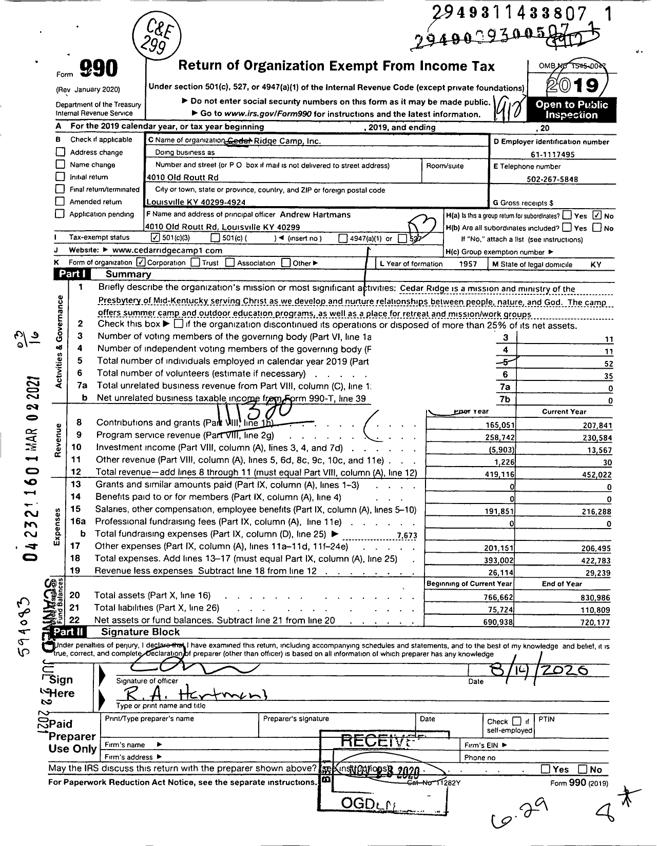 Image of first page of 2019 Form 990 for Cedar Ridge Camp