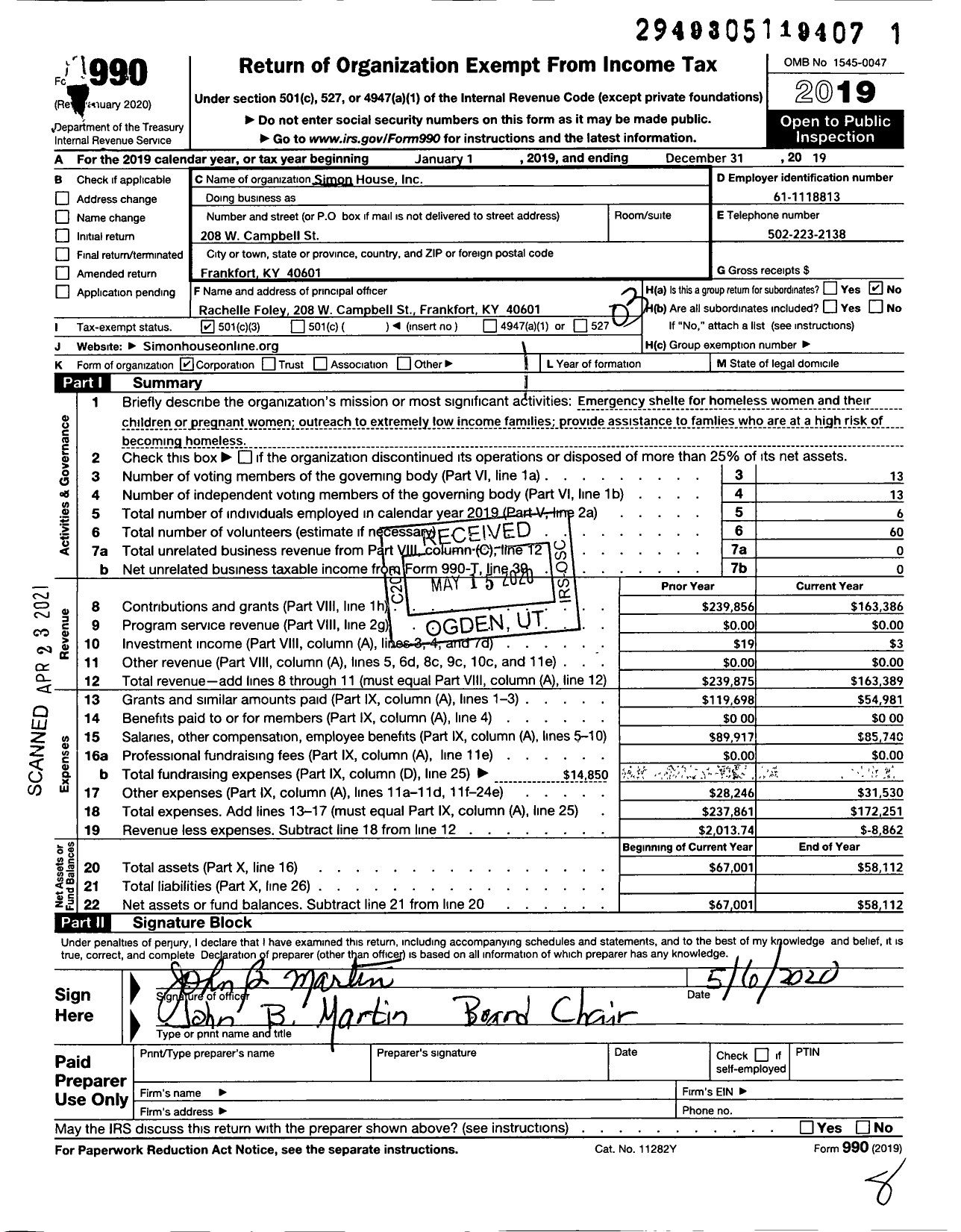 Image of first page of 2019 Form 990 for Simon House