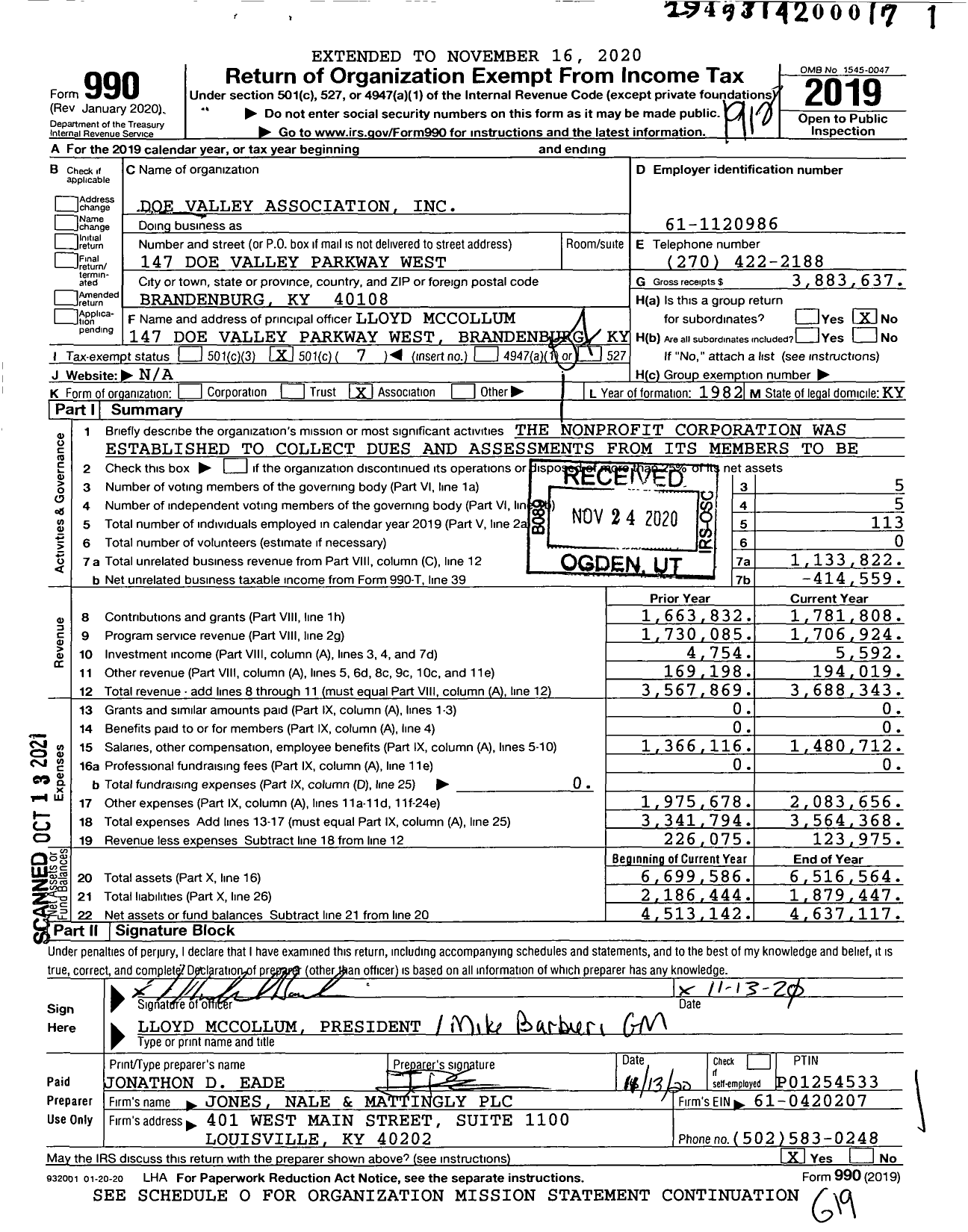Image of first page of 2019 Form 990O for Doe Valley Association