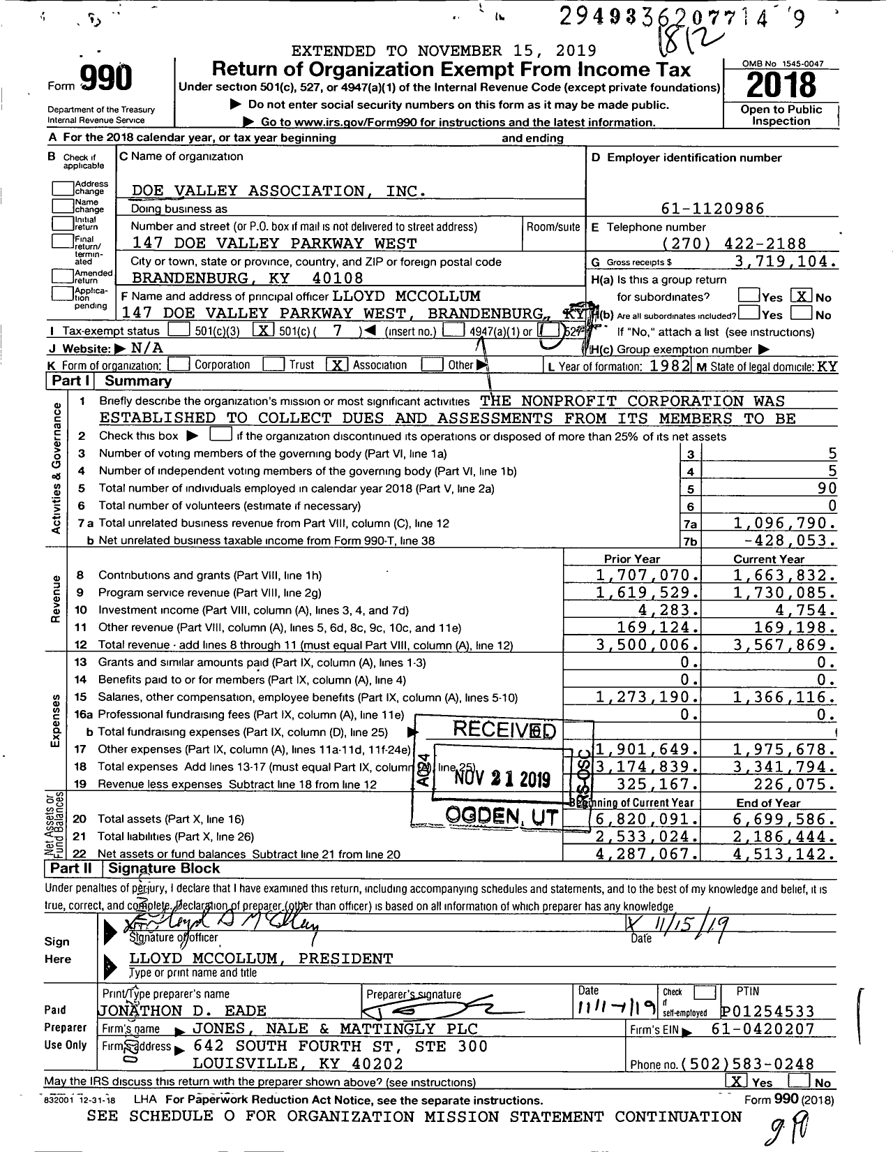 Image of first page of 2018 Form 990O for Doe Valley Association