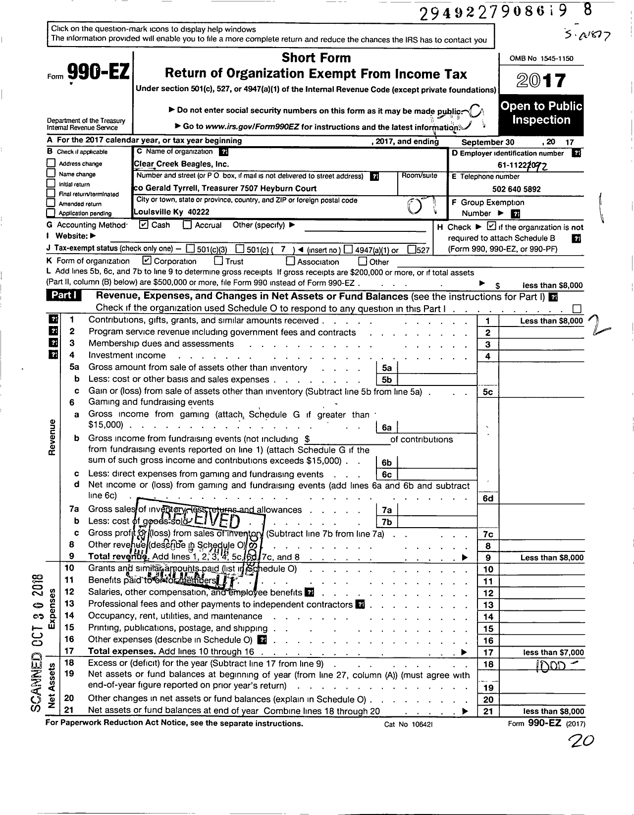 Image of first page of 2016 Form 990EO for Clear Creek Beagles