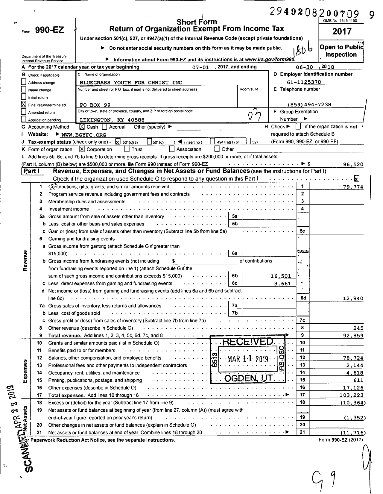 Image of first page of 2017 Form 990EZ for Youth for Christ - Bluegrass