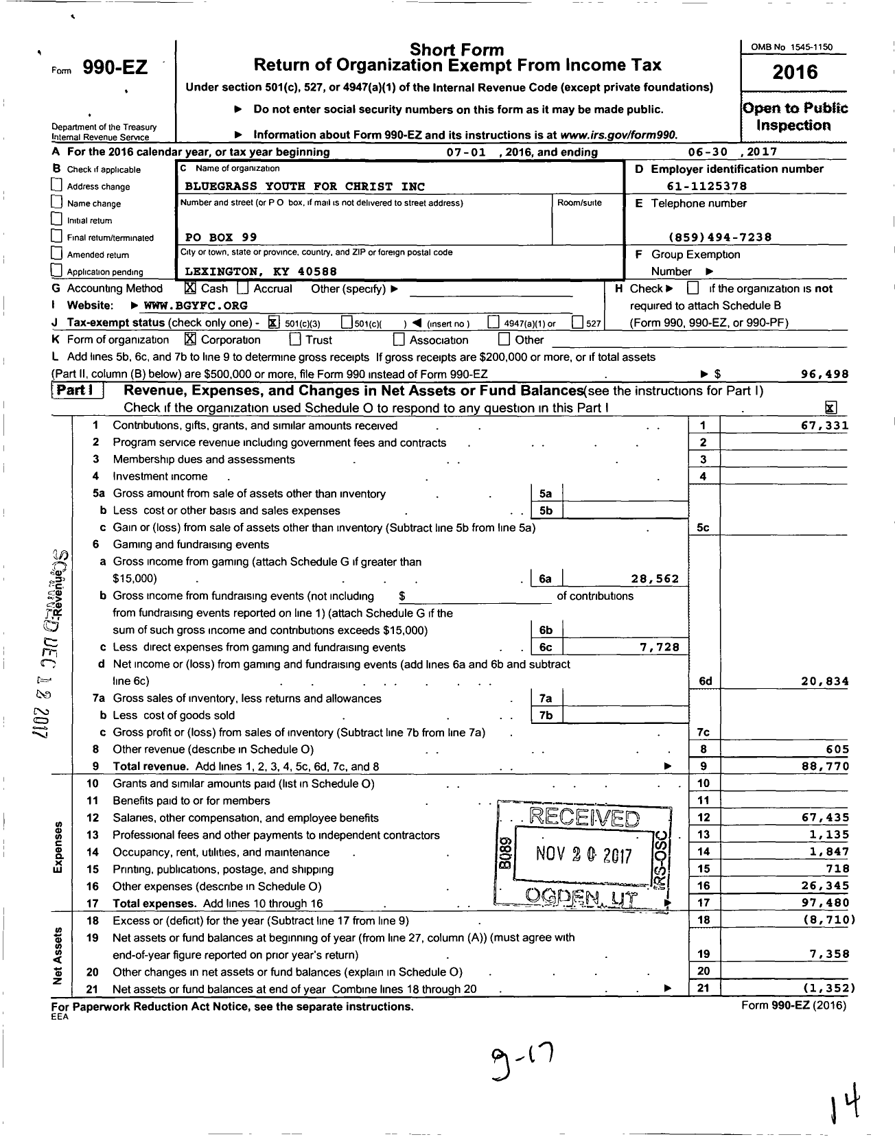 Image of first page of 2016 Form 990EZ for Youth for Christ - Bluegrass