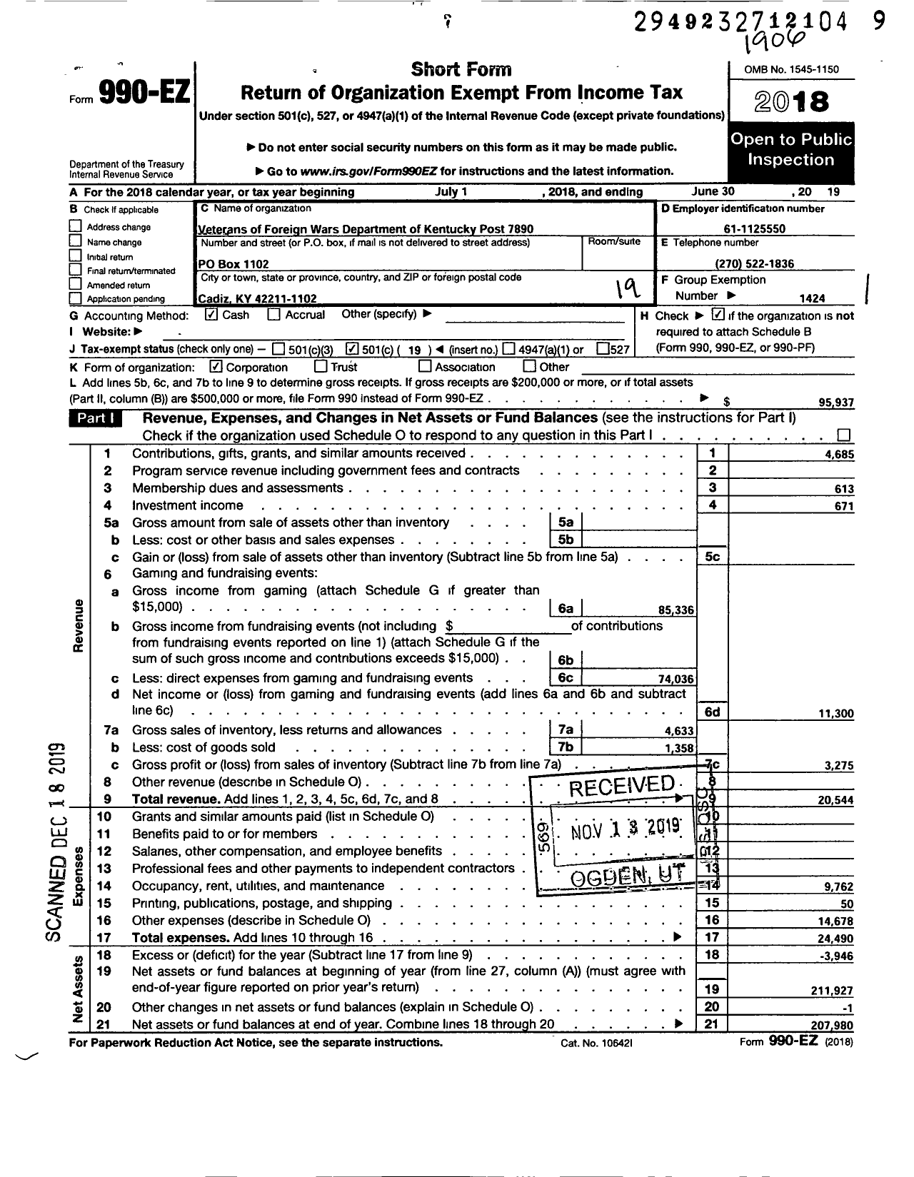 Image of first page of 2018 Form 990EO for Veterans of Foreign Wars Dept of Kentucky - 7890 Post