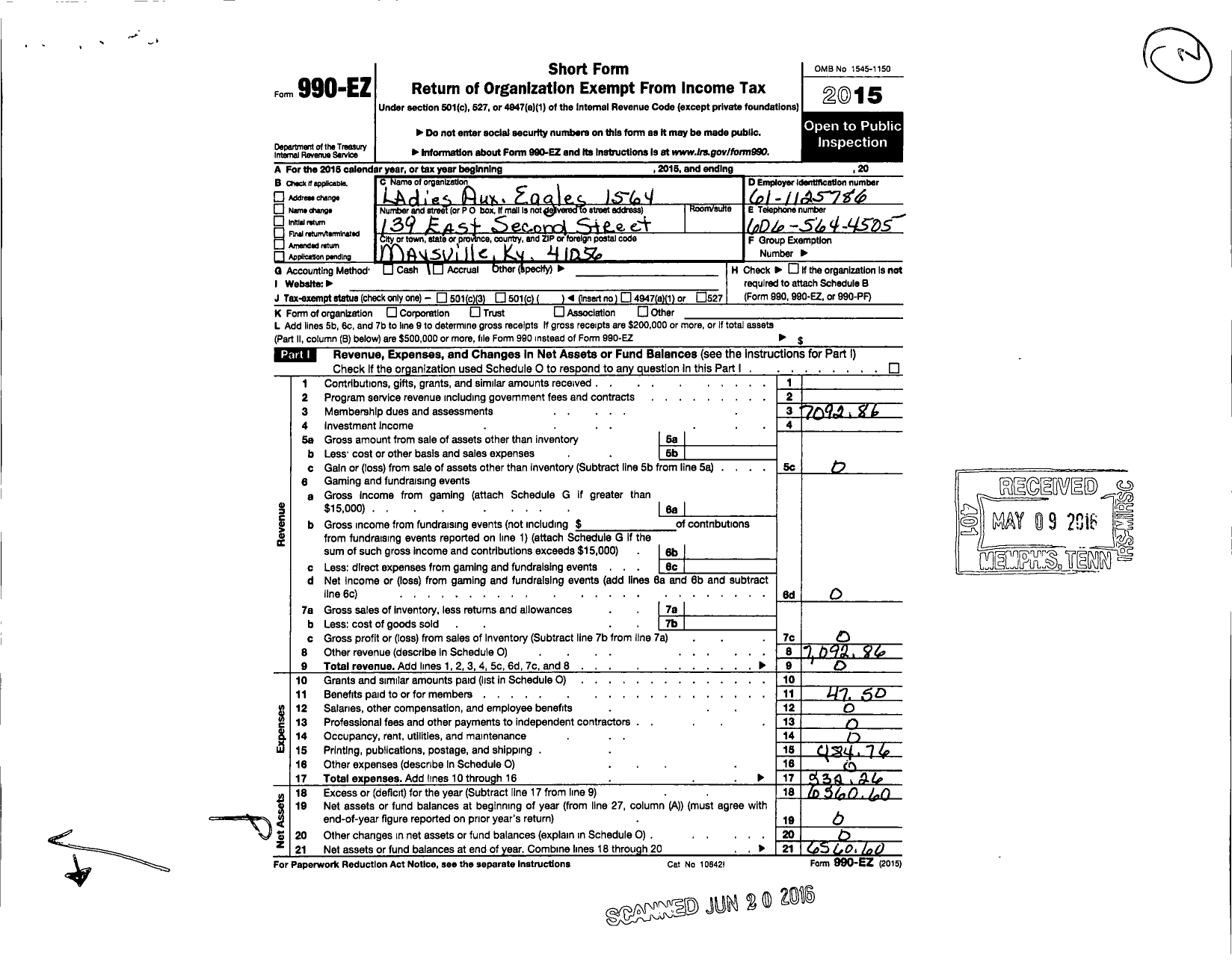 Image of first page of 2015 Form 990EO for Fraternal Order of Eagles - 1564 Aux