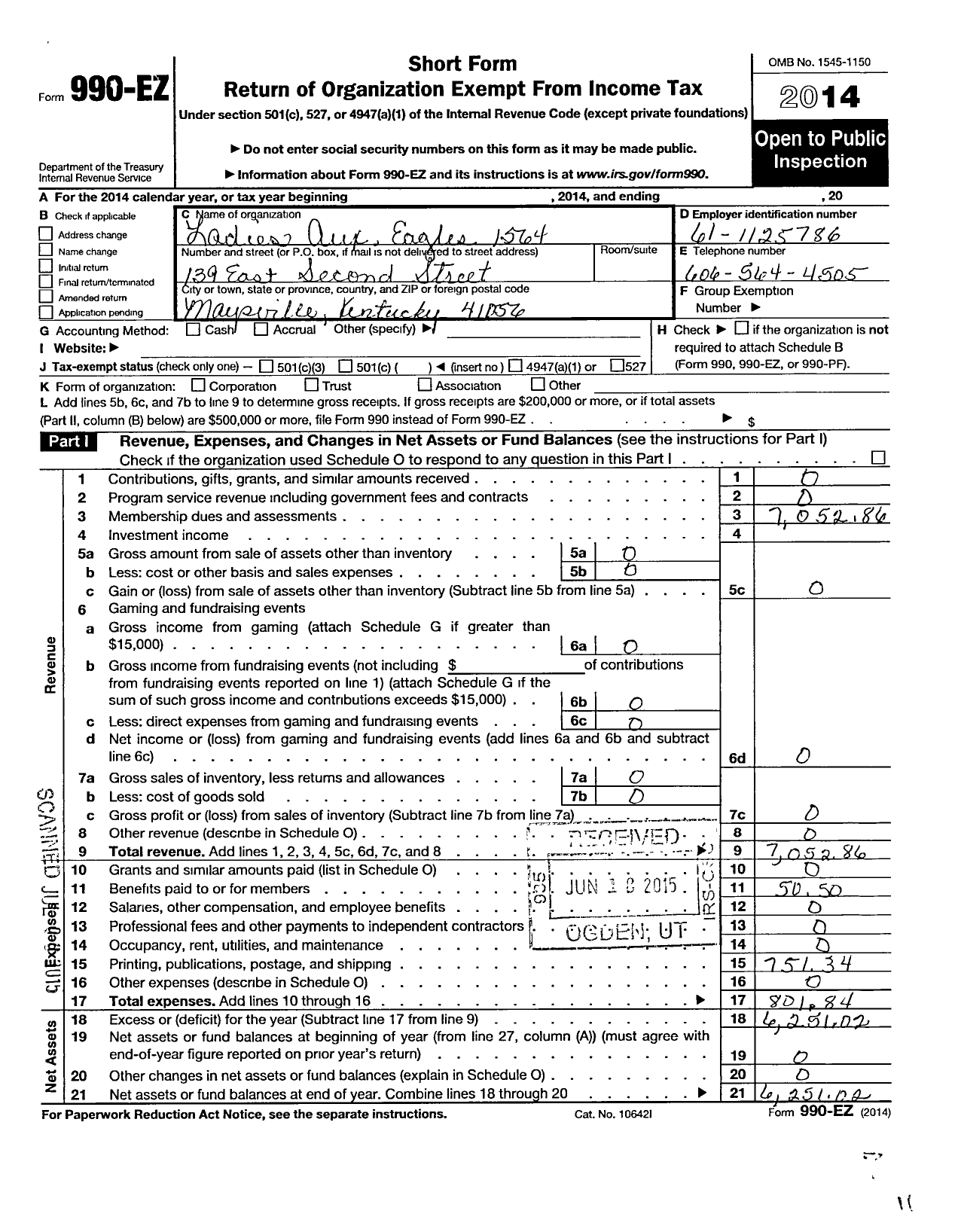 Image of first page of 2014 Form 990EO for Fraternal Order of Eagles - 1564 Aux