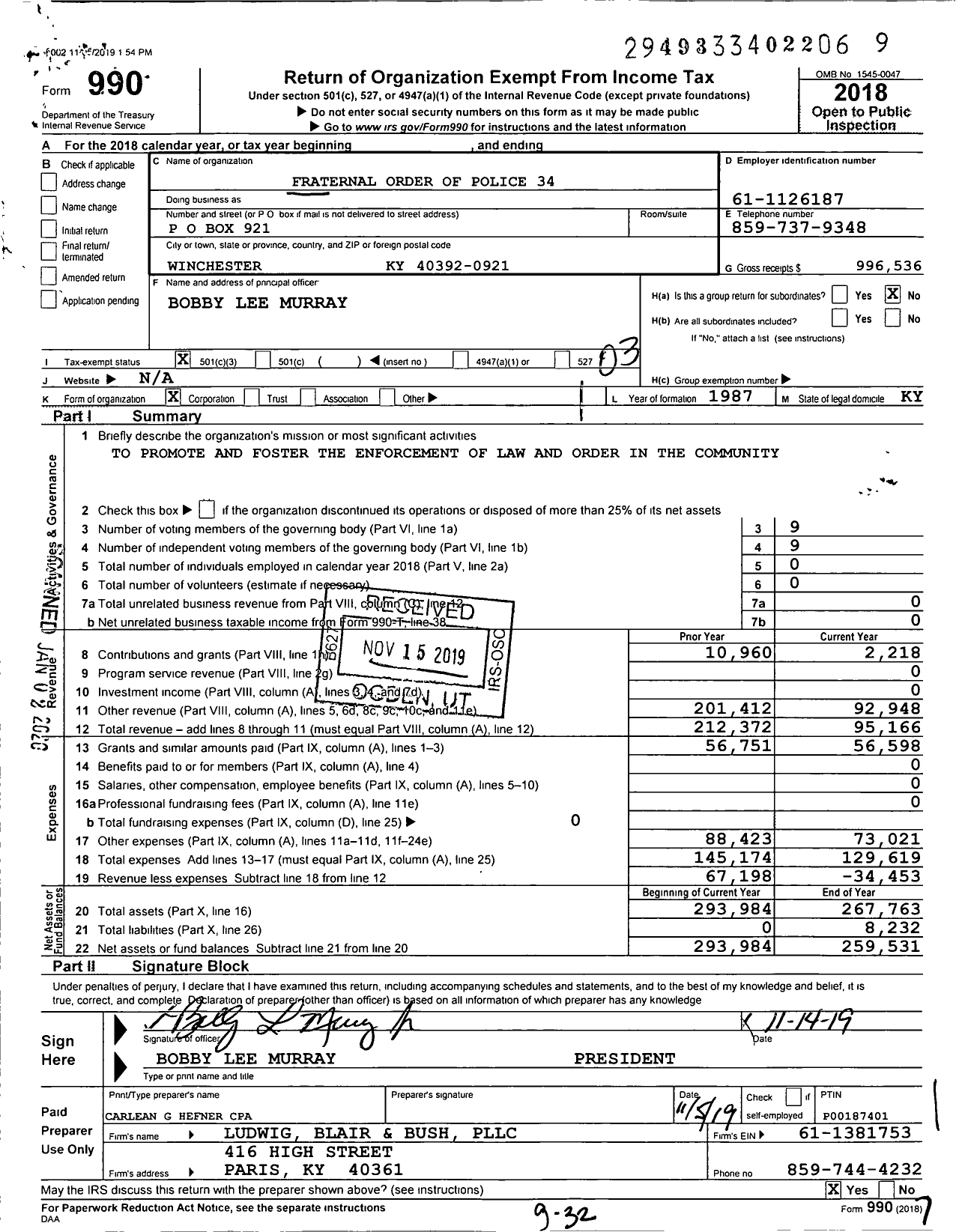 Image of first page of 2018 Form 990 for Fraternal Order of Police - 34 Winchester Clark Co Lodge