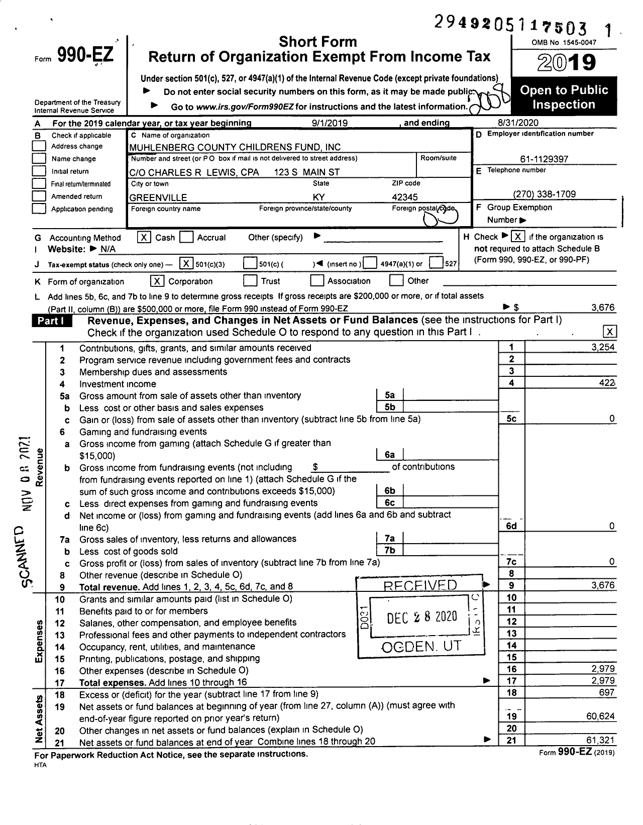 Image of first page of 2019 Form 990EZ for Muhlenberg County Childrens Fund