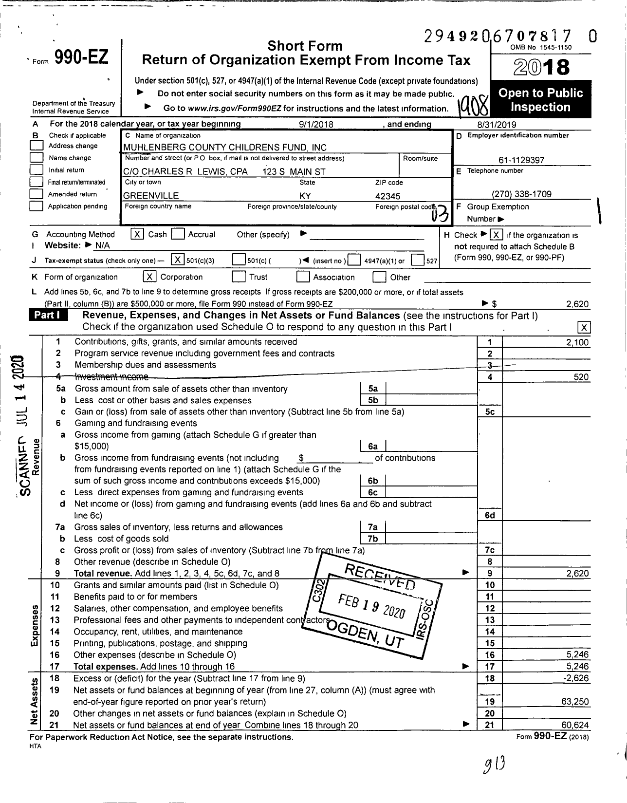 Image of first page of 2018 Form 990EZ for Muhlenberg County Childrens Fund