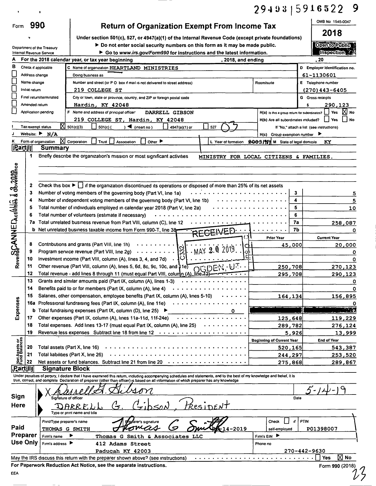 Image of first page of 2018 Form 990 for Heartland Ministries