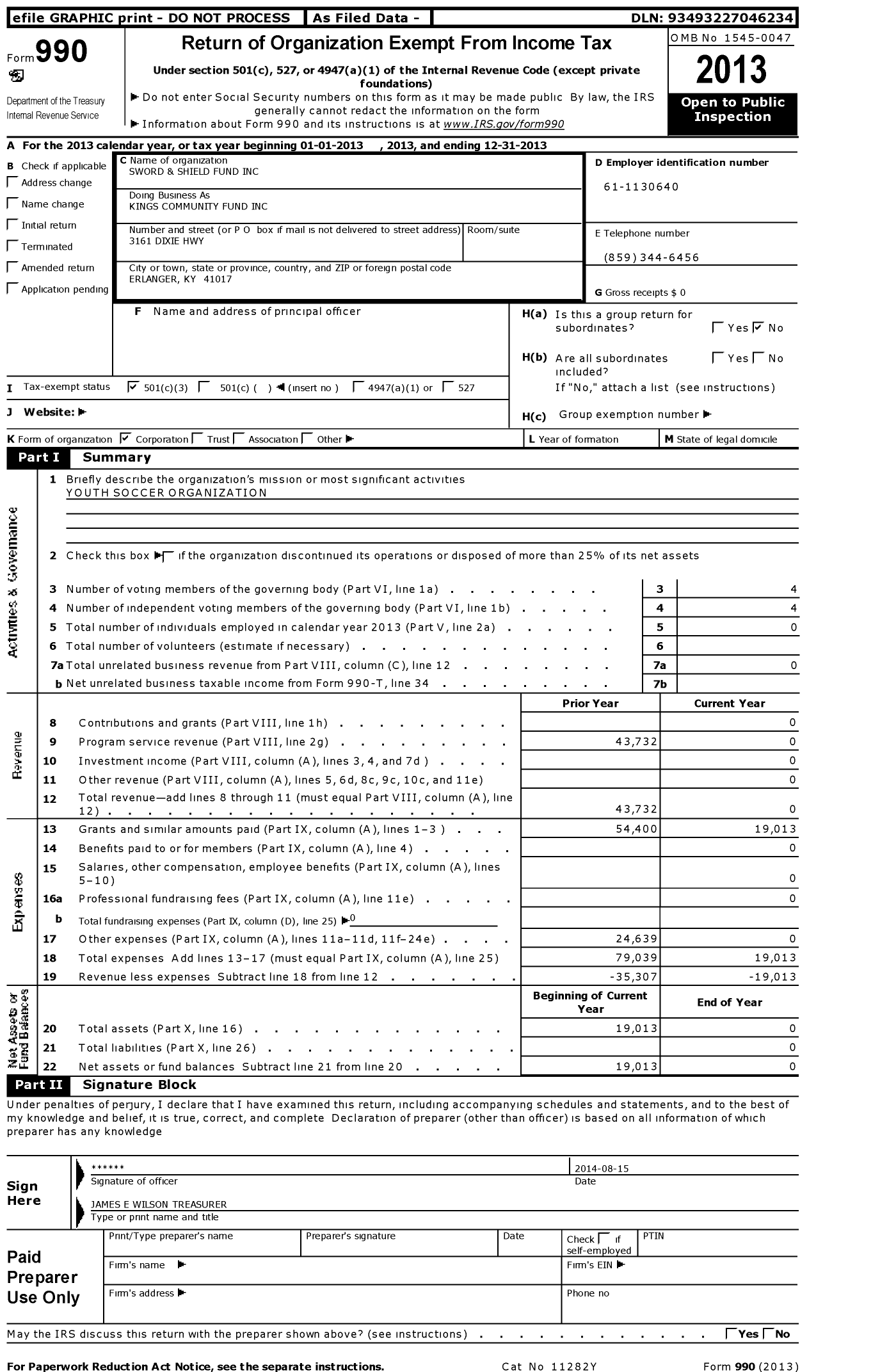 Image of first page of 2013 Form 990 for Sword and Shield Fund