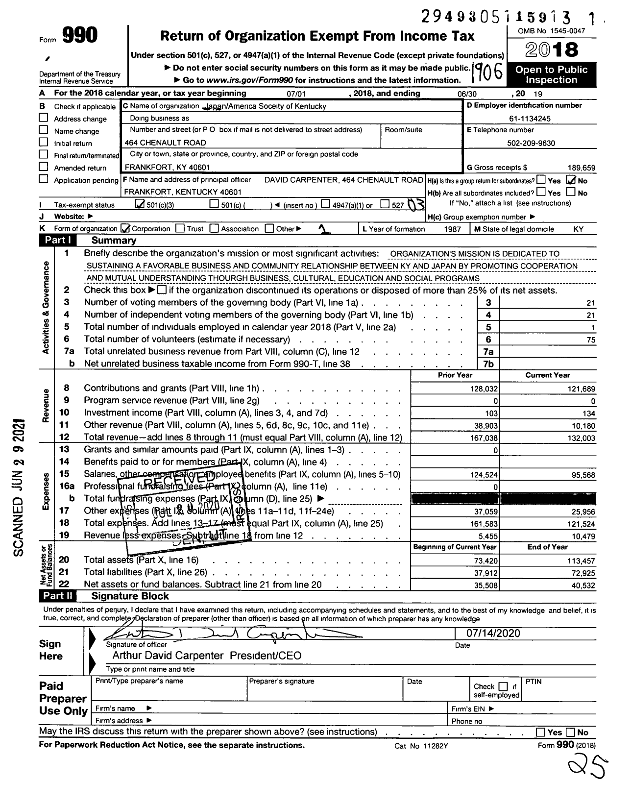 Image of first page of 2018 Form 990 for Japan America Society of Kentucky