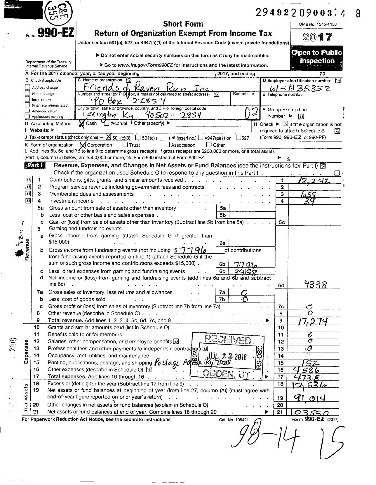 Image of first page of 2017 Form 990EZ for Friends of Raven Run