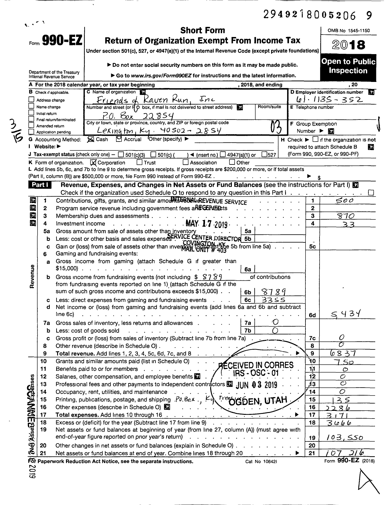 Image of first page of 2018 Form 990EZ for Friends of Raven Run