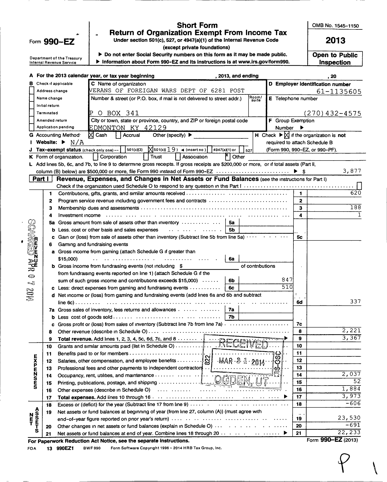 Image of first page of 2013 Form 990EO for Veterans of Foreign Wars Dept of Kentucky - 6281 Post