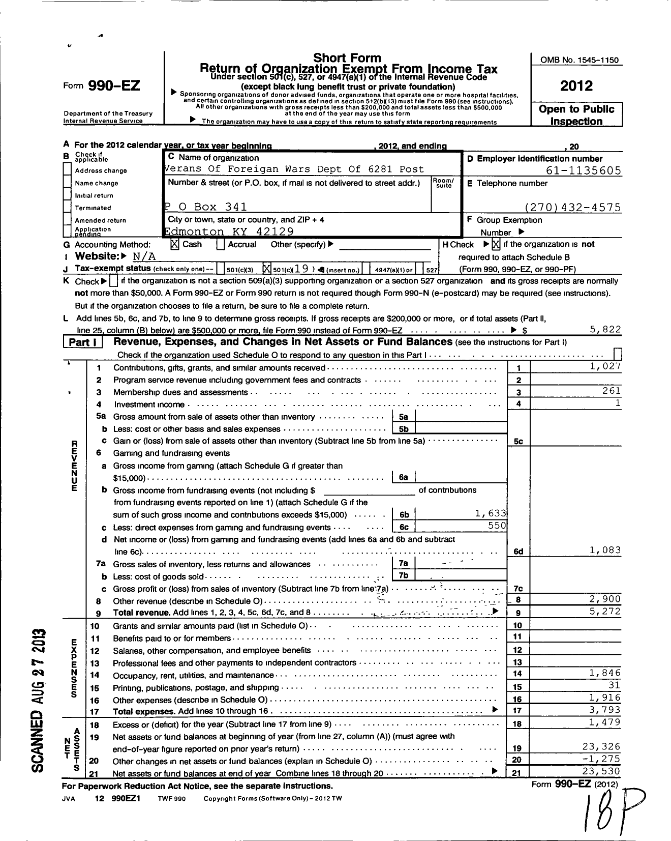 Image of first page of 2012 Form 990EO for Veterans of Foreign Wars Dept of Kentucky - 6281 Post