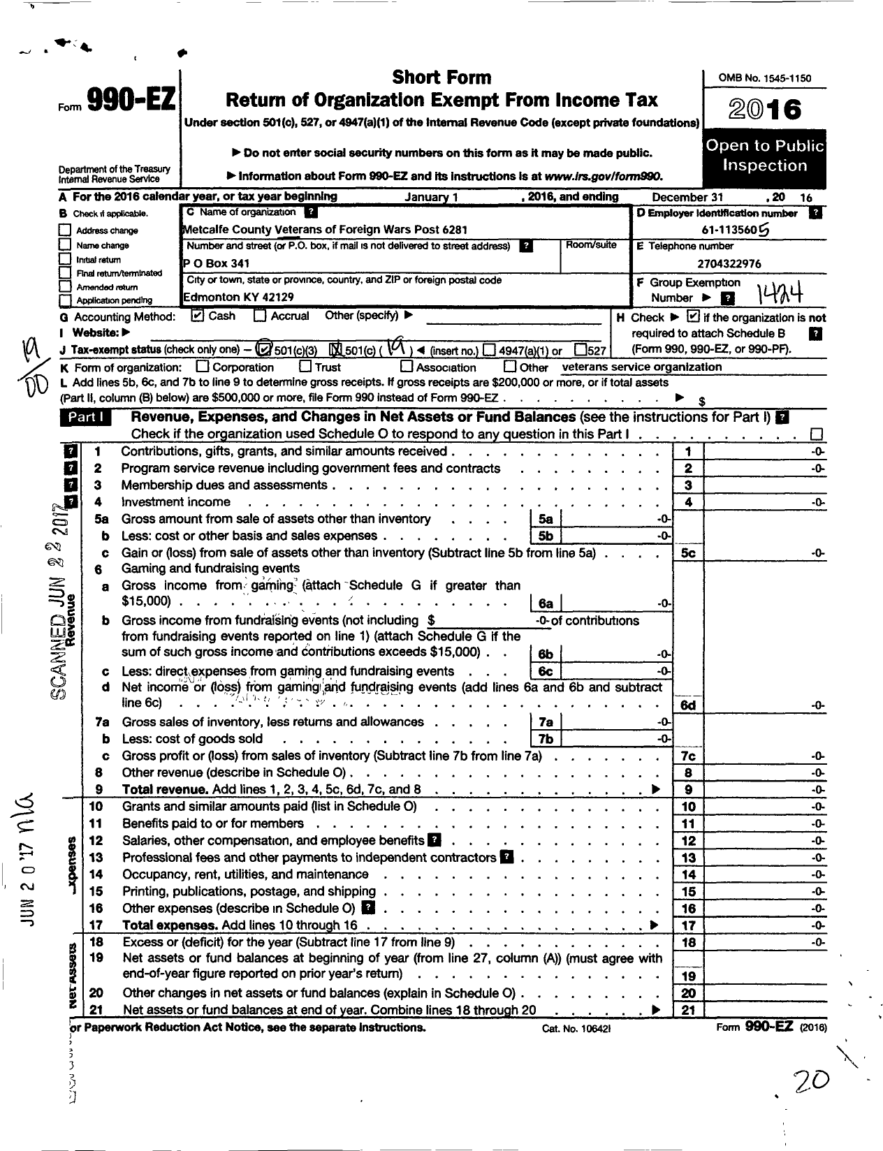 Image of first page of 2016 Form 990EO for Veterans of Foreign Wars Dept of Kentucky - 6281 Post