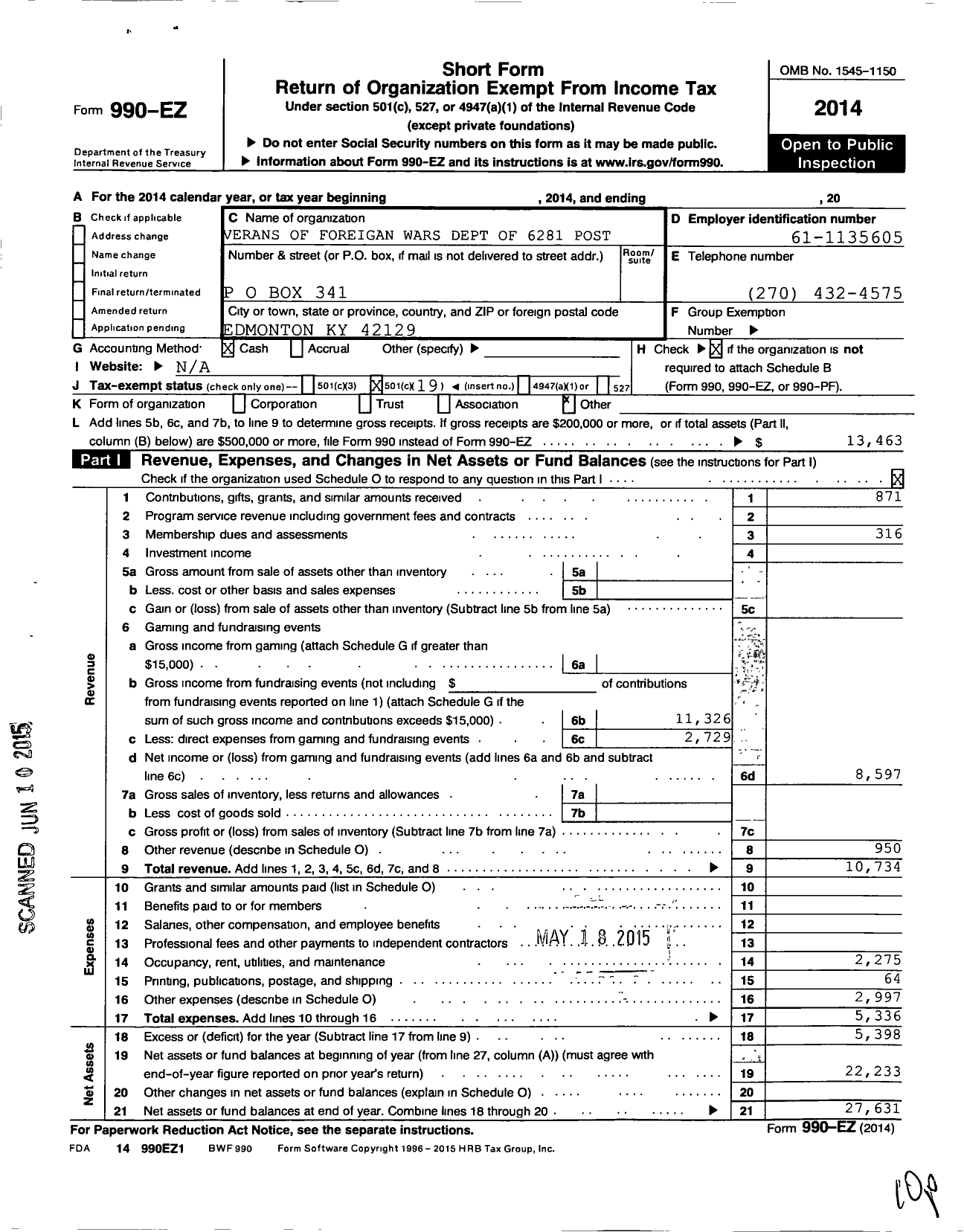 Image of first page of 2014 Form 990EO for Veterans of Foreign Wars Dept of Kentucky - 6281 Post