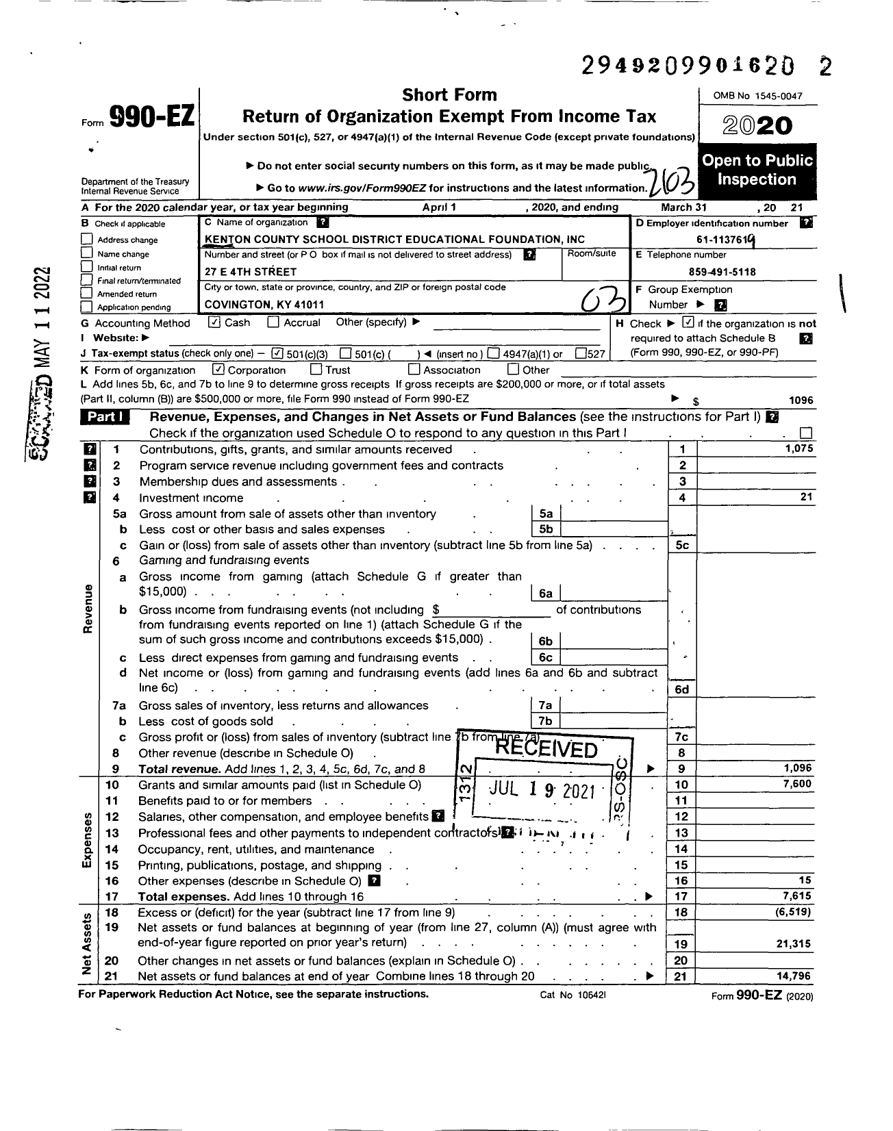 Image of first page of 2020 Form 990EZ for Kenton County School District Educational Foundation