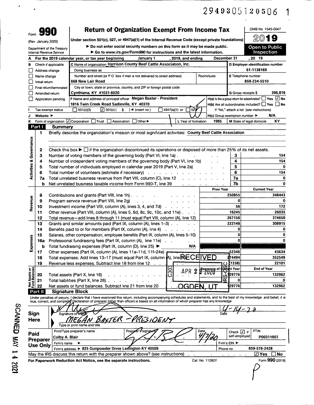 Image of first page of 2019 Form 990O for Harrison County Beef Cattle Association