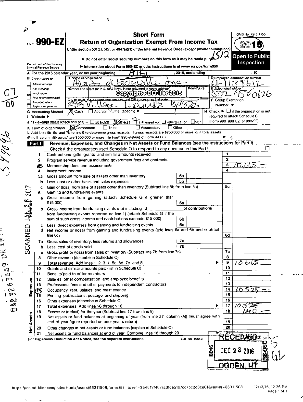 Image of first page of 2015 Form 990EO for Aikido of Louisville