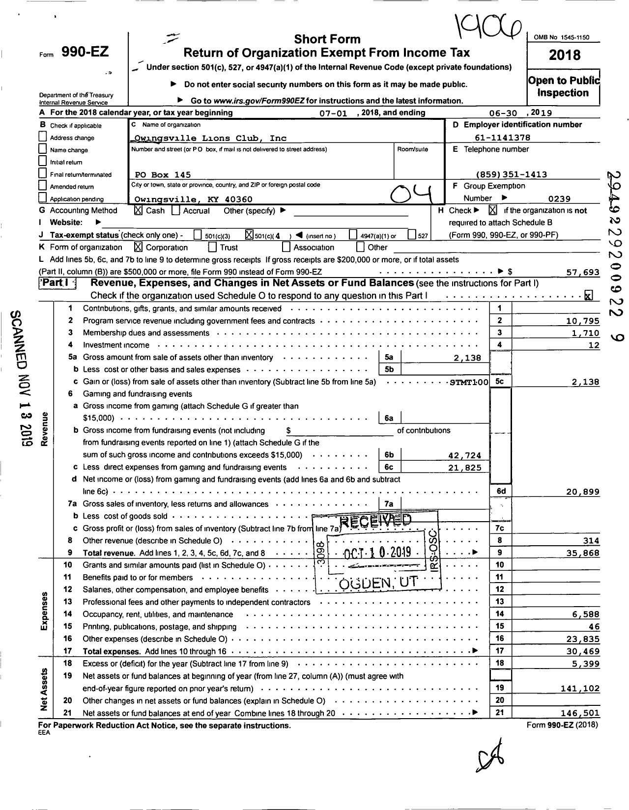 Image of first page of 2018 Form 990EO for Lions Clubs - Owingsville Lions Club