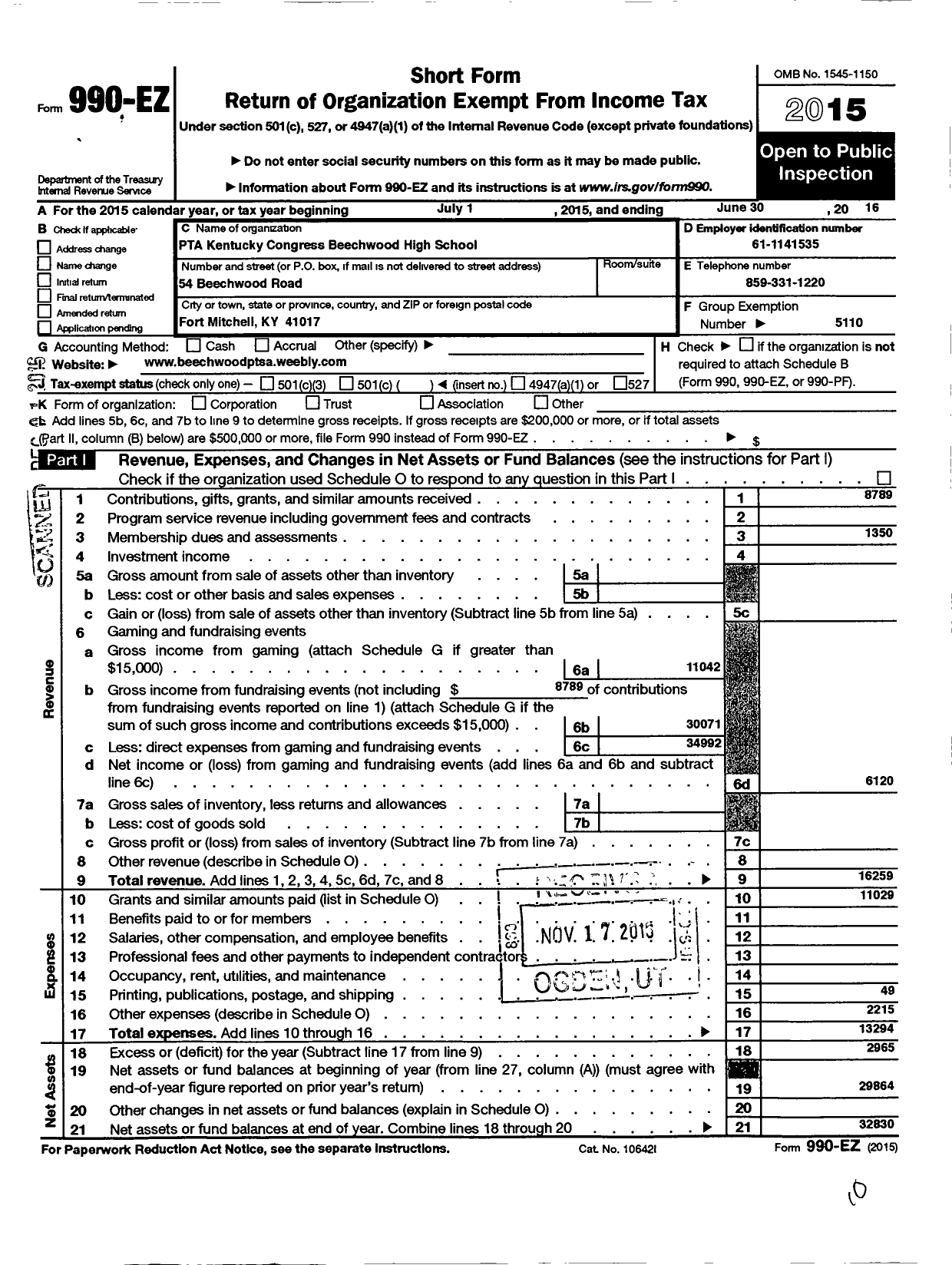 Image of first page of 2015 Form 990EO for PTA Kentucky Congress / Beechwood High School PTA