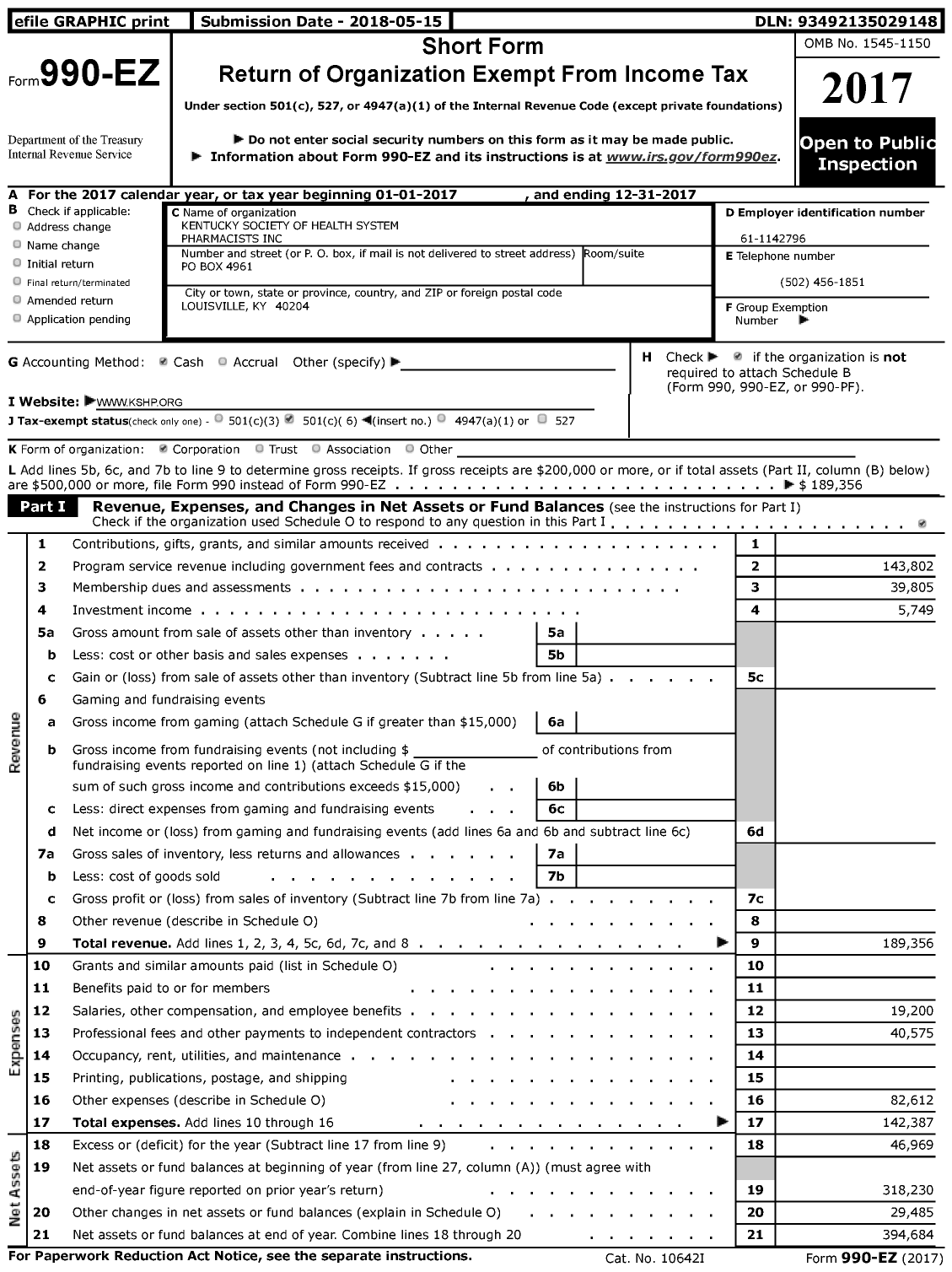 Image of first page of 2017 Form 990EZ for Kentucky Society of Health System Pharmacists