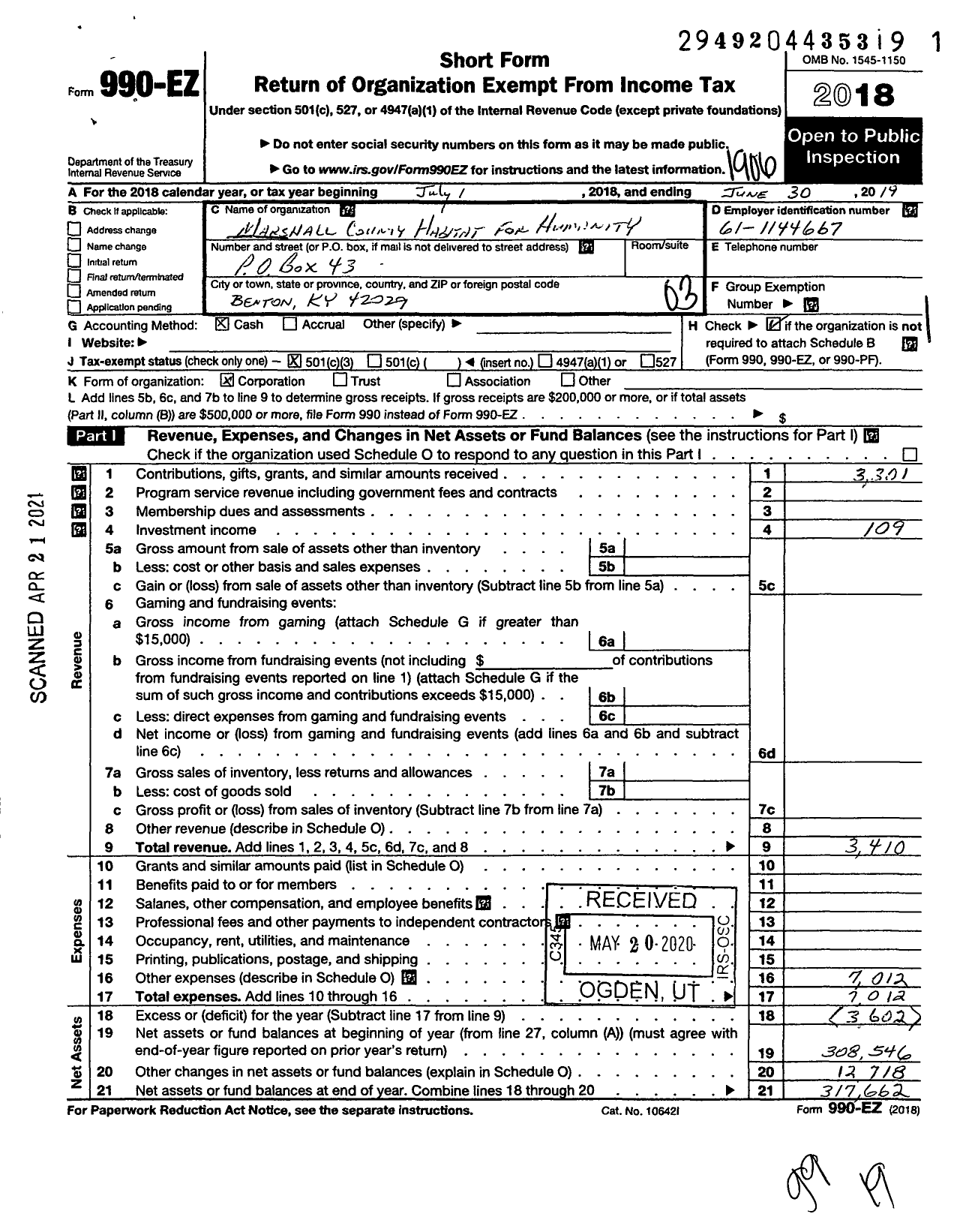 Image of first page of 2018 Form 990EZ for Habitat for Humanity - Marshall County HFH