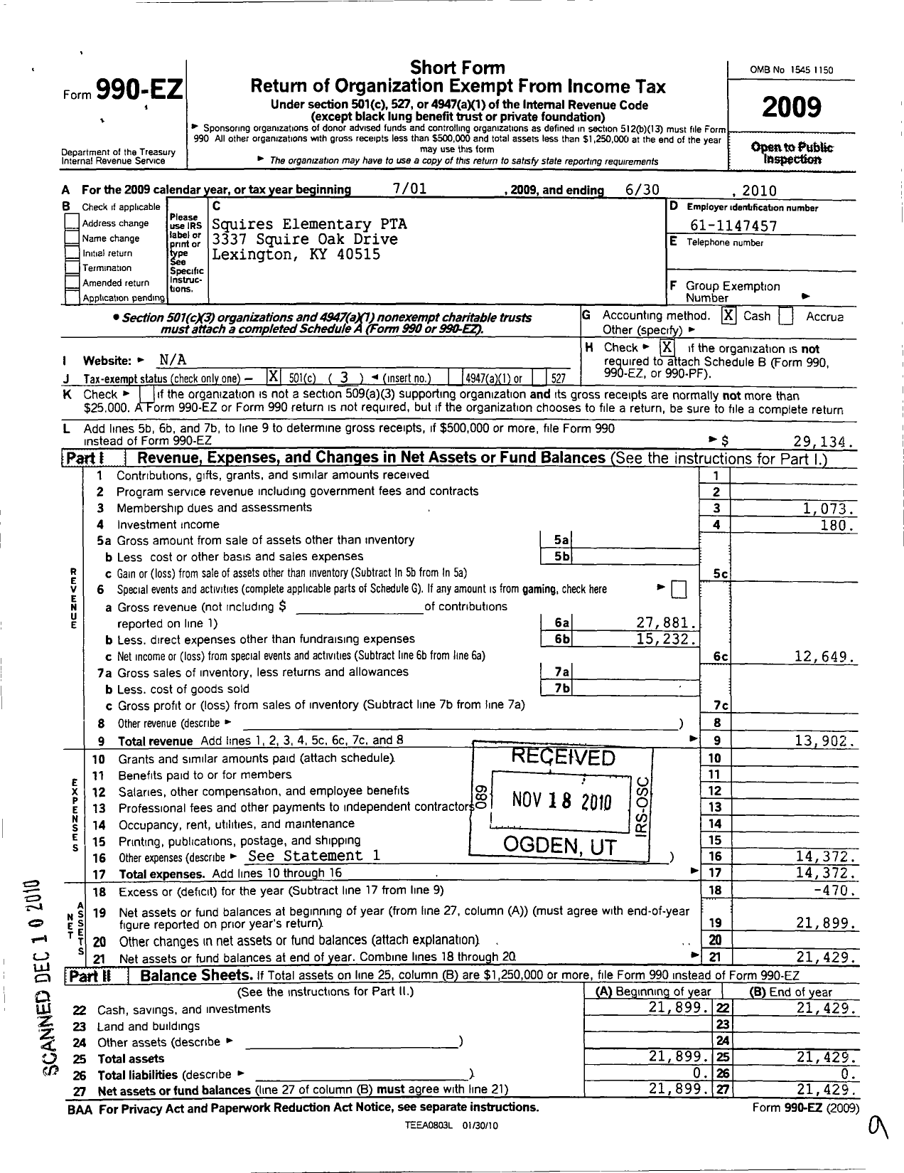 Image of first page of 2009 Form 990EZ for PTA KENTUCKY CONGRESS / Squires Elementary PTA