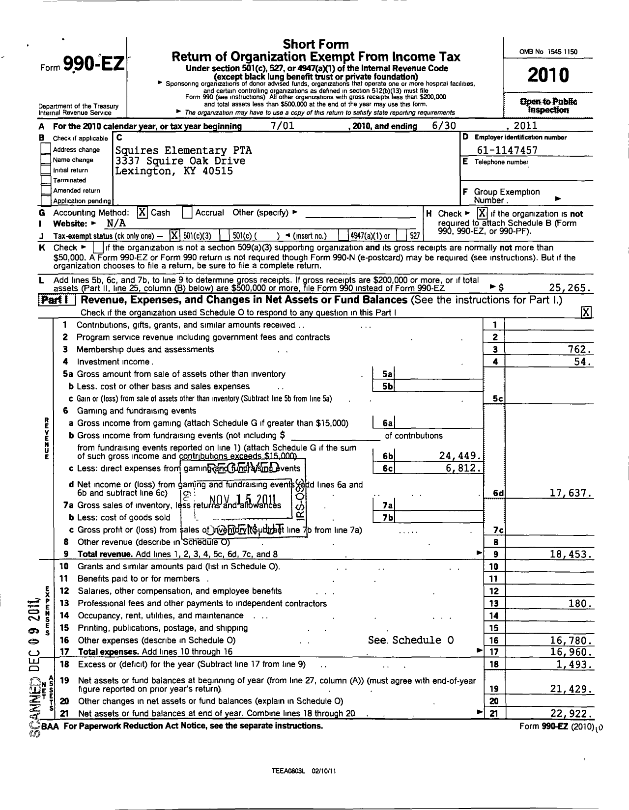 Image of first page of 2010 Form 990EZ for PTA KENTUCKY CONGRESS / Squires Elementary PTA