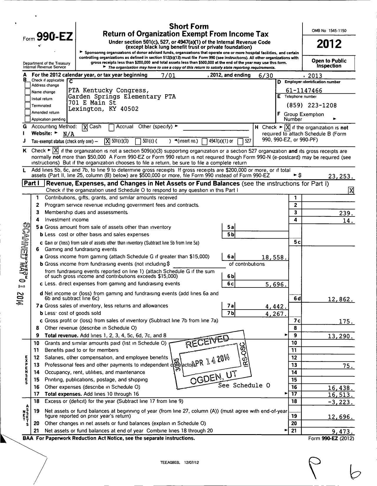 Image of first page of 2012 Form 990EZ for PTA Kentucky Congress / Garden Springs Elementary PTA