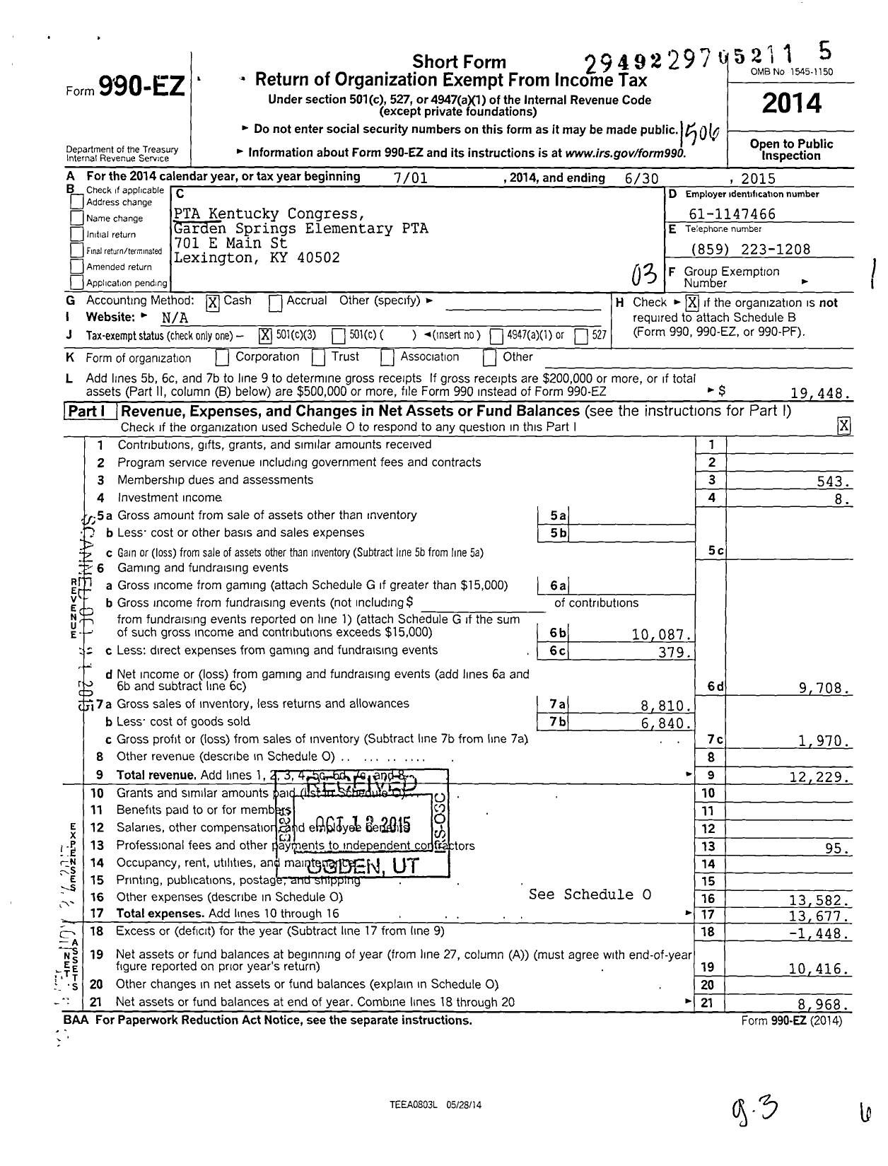 Image of first page of 2014 Form 990EZ for PTA Kentucky Congress / Garden Springs Elementary PTA