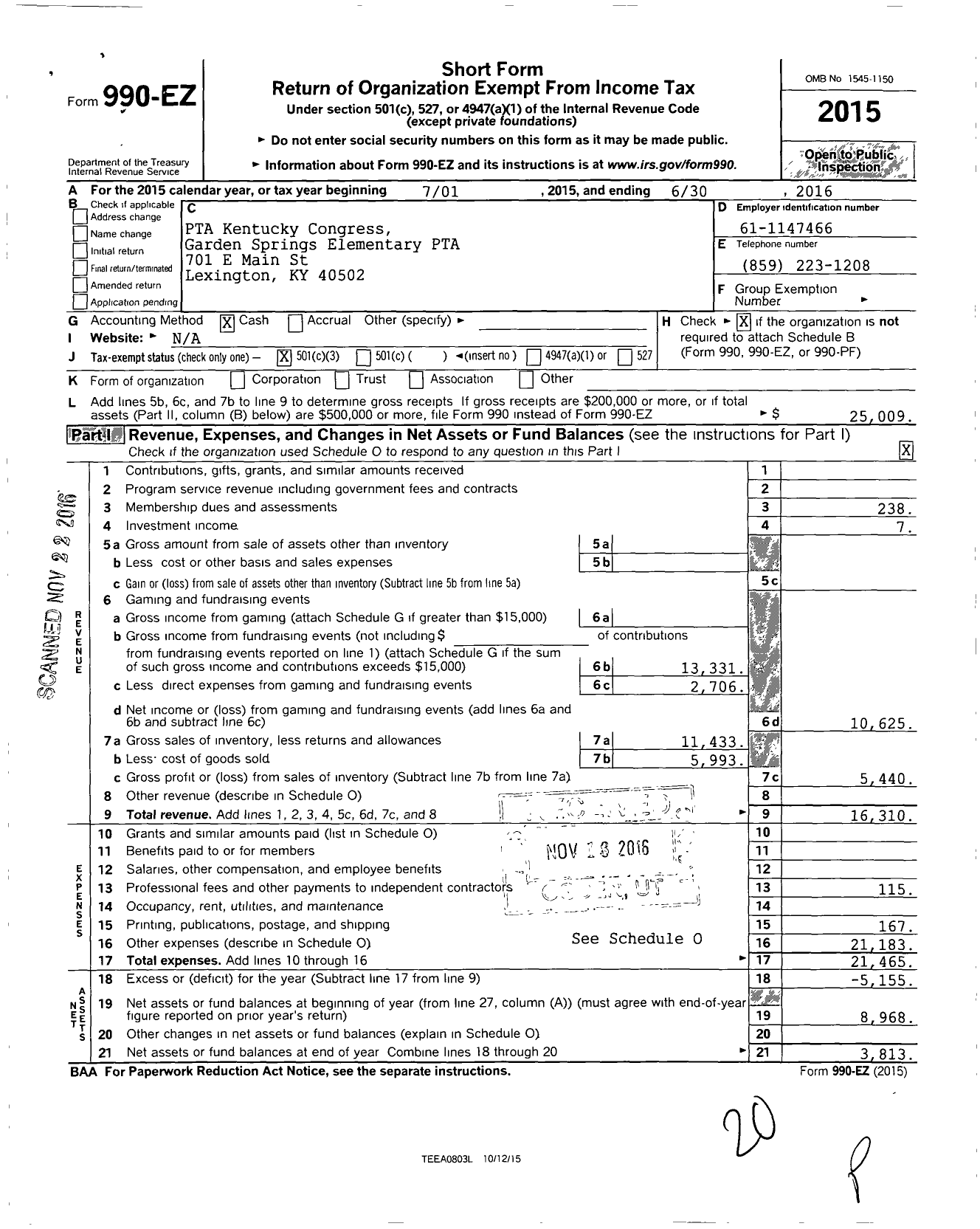 Image of first page of 2015 Form 990EZ for PTA Kentucky Congress / Garden Springs Elementary PTA